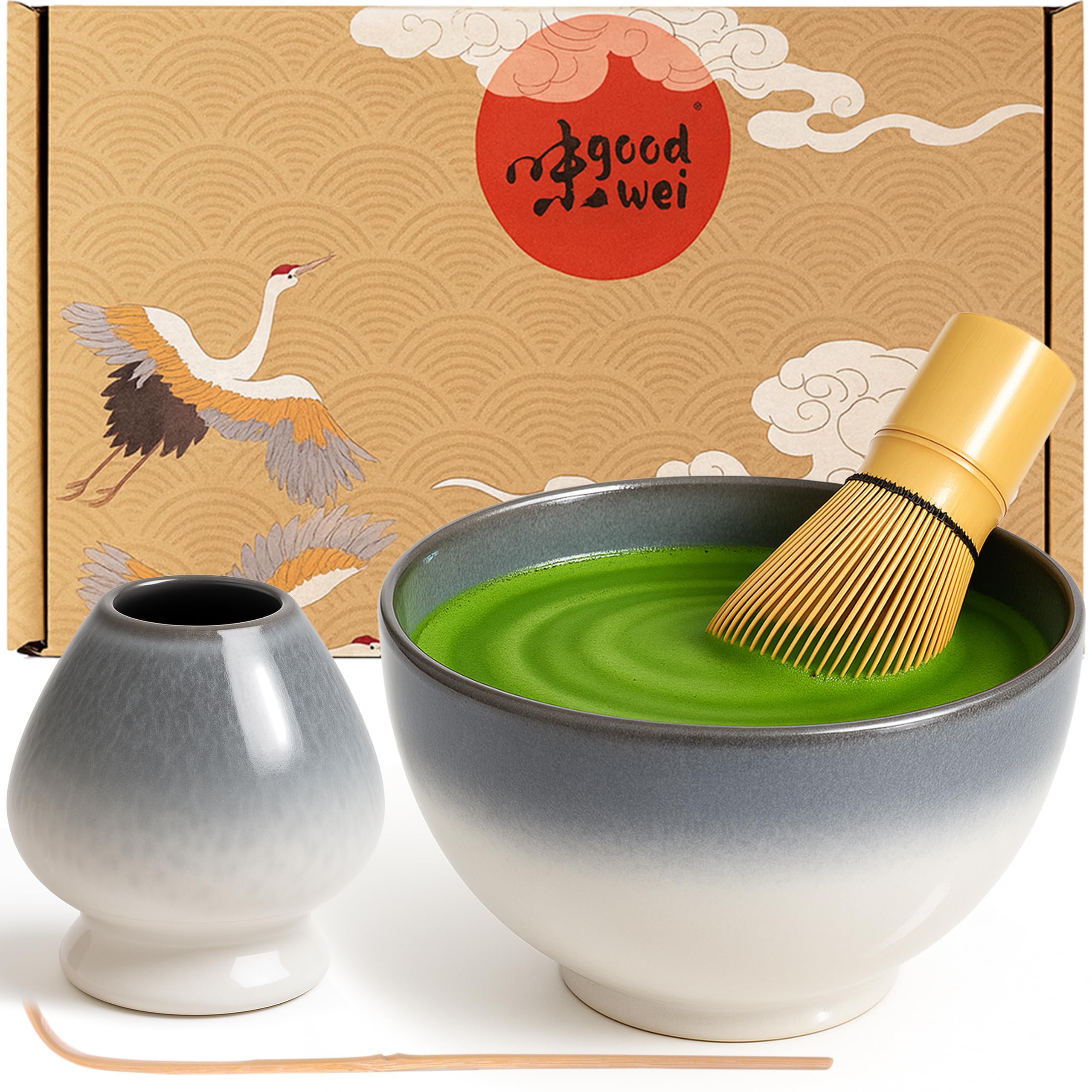 Goodwei Matcha Set with Matcha Whisk, Spoon and Ceramic Matcha Bowl with Whisk Holder in Matching Design | Artisanal Matcha Tea Bowl Chawan | Gift Set (Kiri, 80)