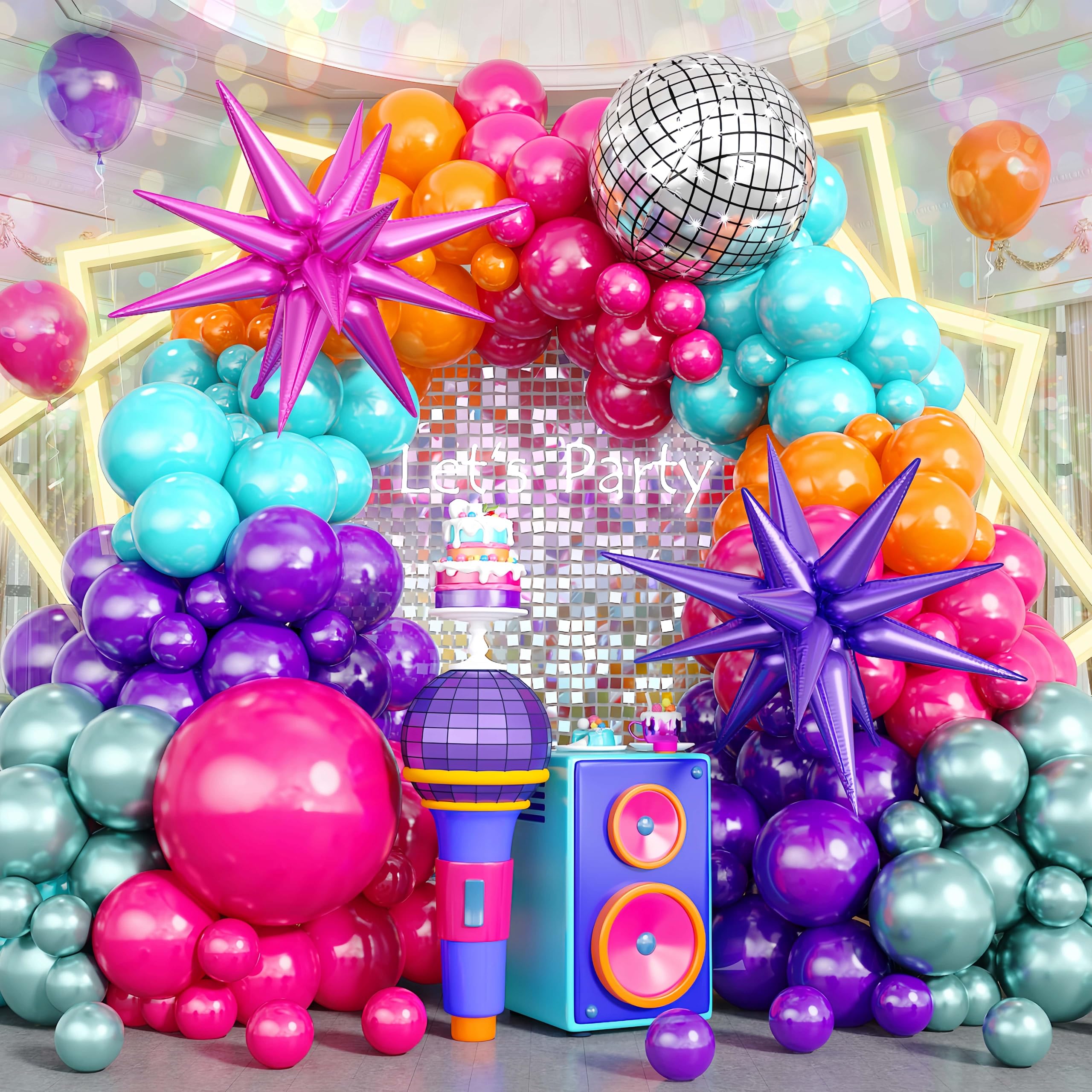 Disco Balloon Arch, 125 PCS 80s Balloon Arch Kit mit Hot Pink and Purple Teal Orange Metallic Green Balloons, 22 Inch Disco Ball Mylar Explosion Star Foil Balloon for Singer Music Fans Decoration