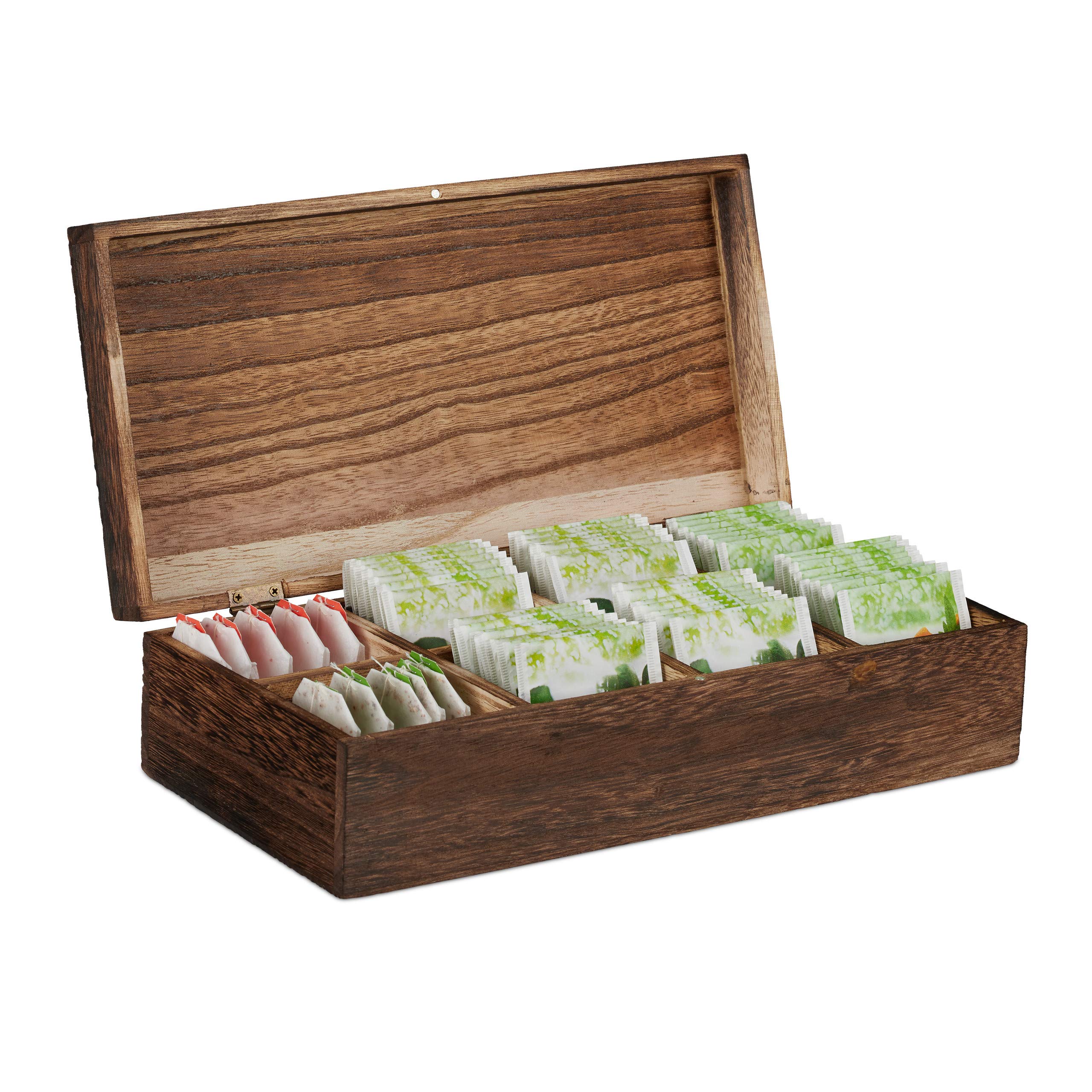 Relaxdays Vintage Box, 8 Compartments for 80 Tea Bags, Wooden Chest, Flavour-Preserving, 8.5x30.5x15.5 cm, Brown, Wood, 8.5 x 30.5 x 15.5 cm