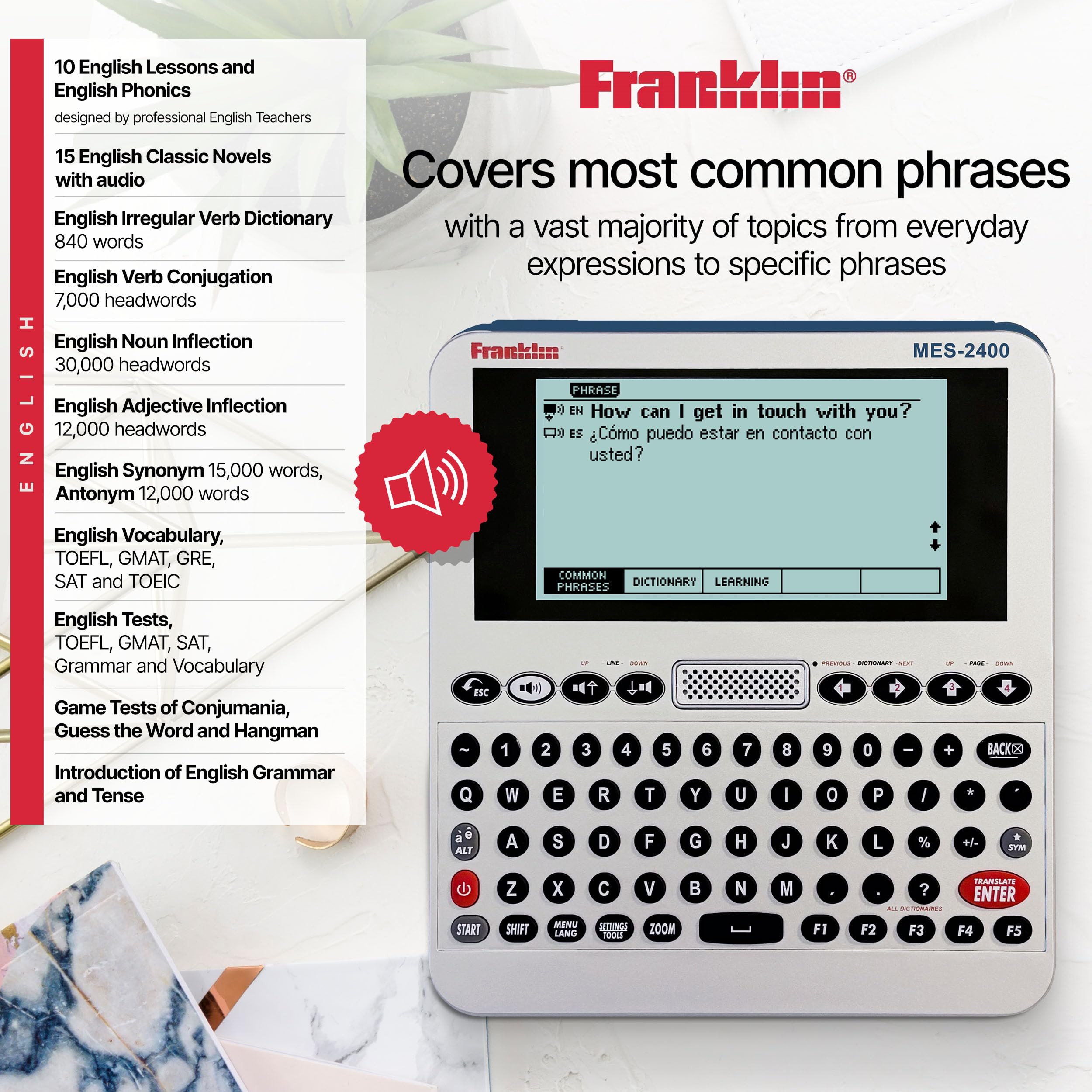 Franklin MES-2400 Digital Talking Dictionary, Multi-Language Translator, Talking Phrase Book & More