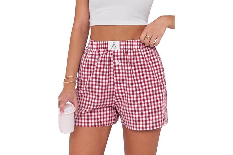 ANRABESS Boxer Shorts for Women Gingham Pajama 2026 Summer Casual Lounge Sleep Plaid Shorts Y2K Beach Bottoms