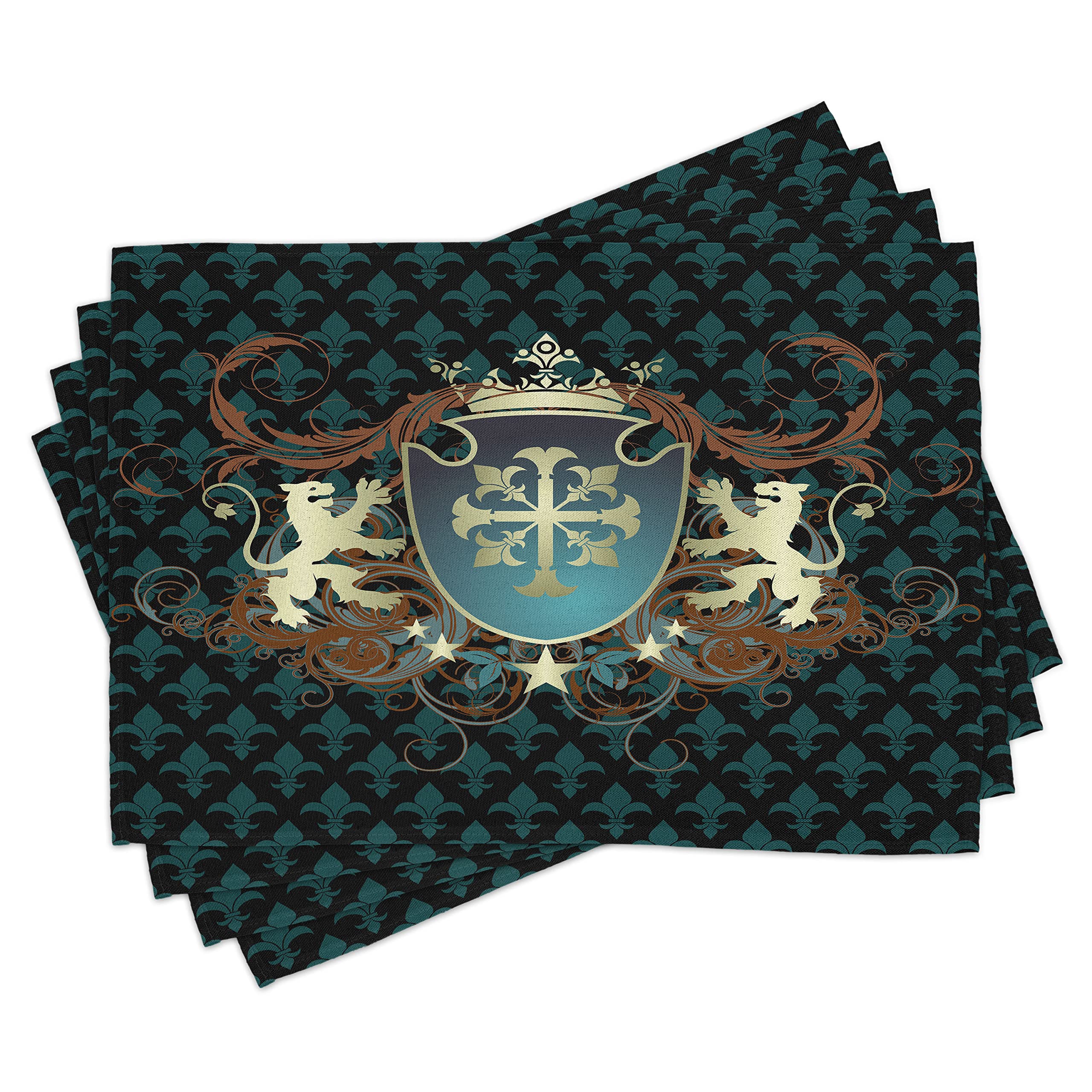 ABAKUHAUS Medieval Place Mats Set of 4, Middle Ages Coat of Arms, Washable Fabric Placemats for Dining Room Kitchen Table Decor, Teal Black Cinnamon