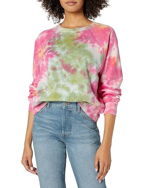 THE DROP WOMEN’S CAROLINE RAGLAN LONG SLEEVE FLEECE SWEATSHIRT SWEATER, -NEON TIE DYE, XXS