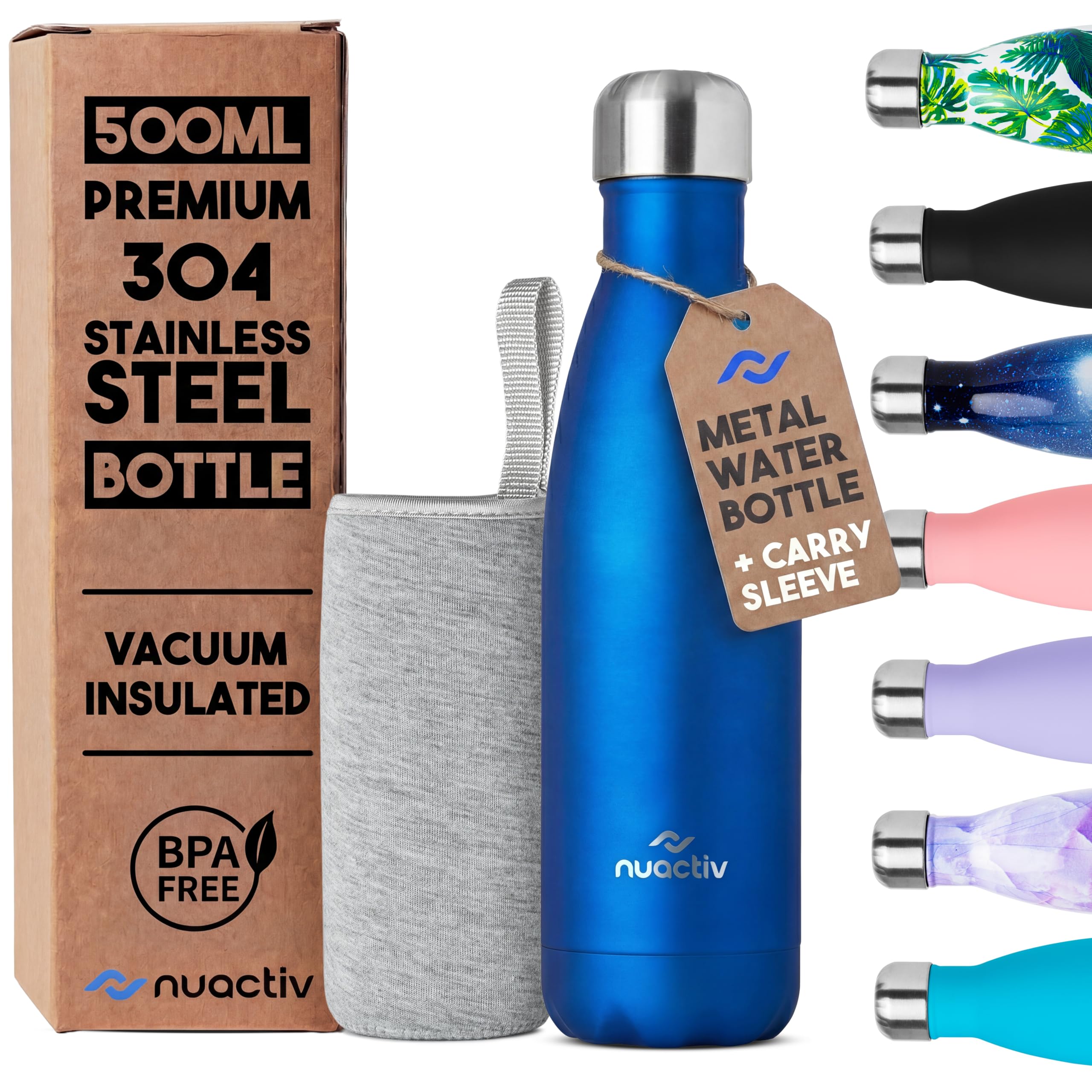 Nuactiv Stainless Steel Water Bottle 500ml, Vacuum Insulated Metal Flask, Leakproof, BPA Free, Reusable Sports Flask, Keeps Drinks Cold 24h & Hot 12h, for Gym, Travel, Work & School