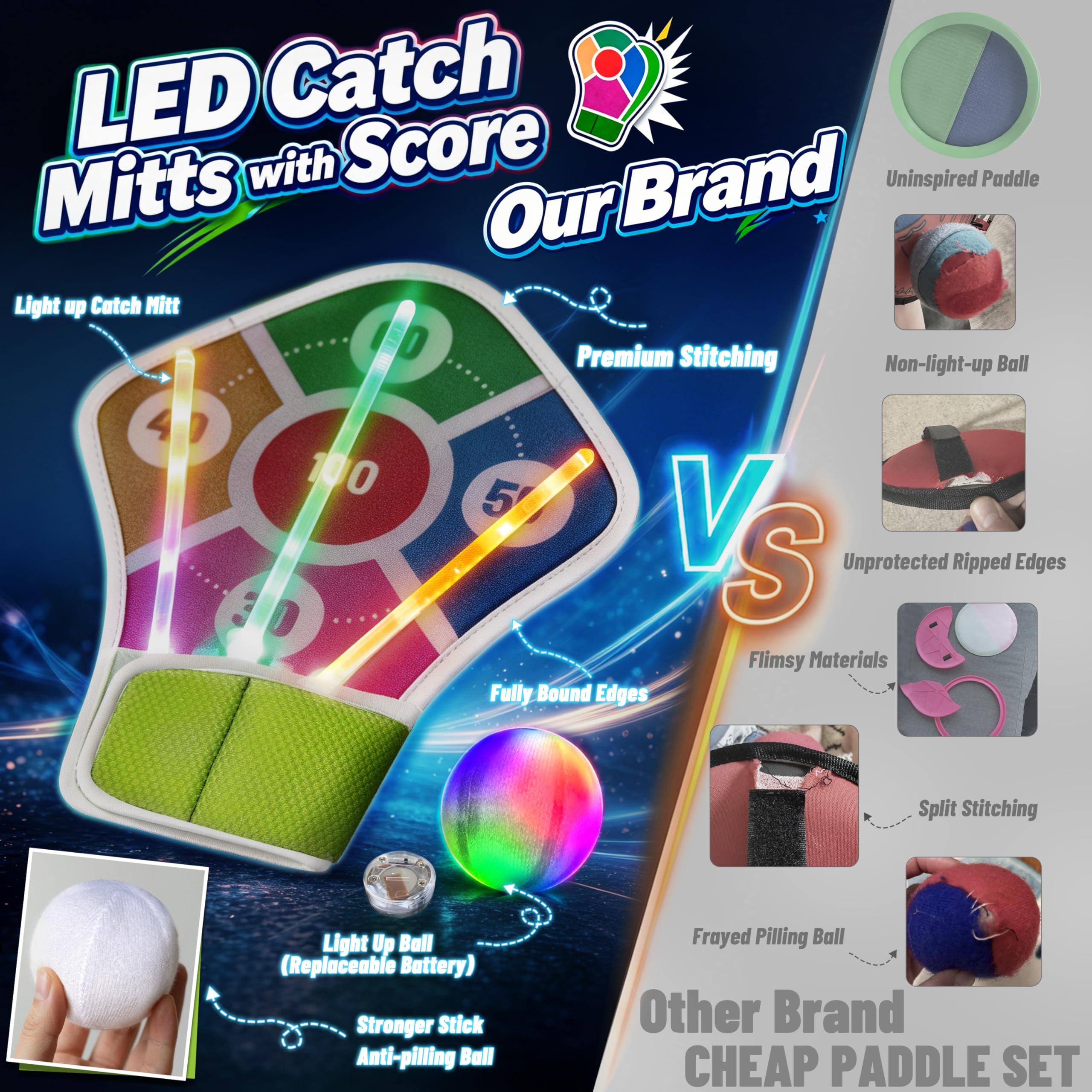 Elecdemic Licht LED Klettballspiel Dartscheibe Wurfspiel Kinder Erwachsene Outdoor Indoor Strand Party Leuchtend Klett Handschuhe Ball Spielzeug Spiele 5-12 Jahre Mädchen Junge Geburtstag Geschenke 4