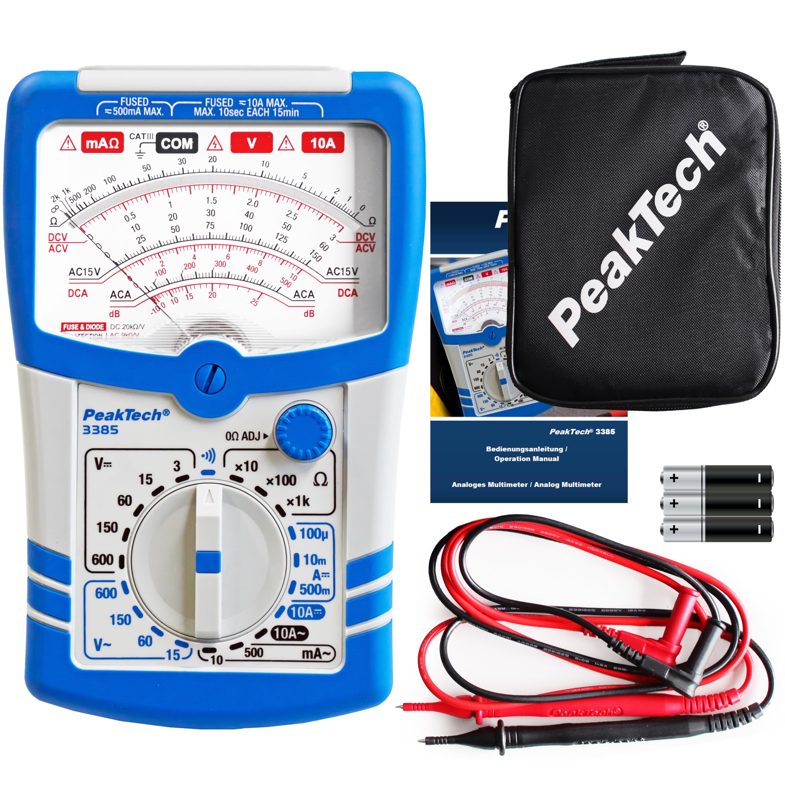 PeakTech P 3385 – Analog multimeter, 20 kΩ/V DC - 9 kΩ/V AC, 600V AC/DC, 10A AC/DC, CAT III, Blue