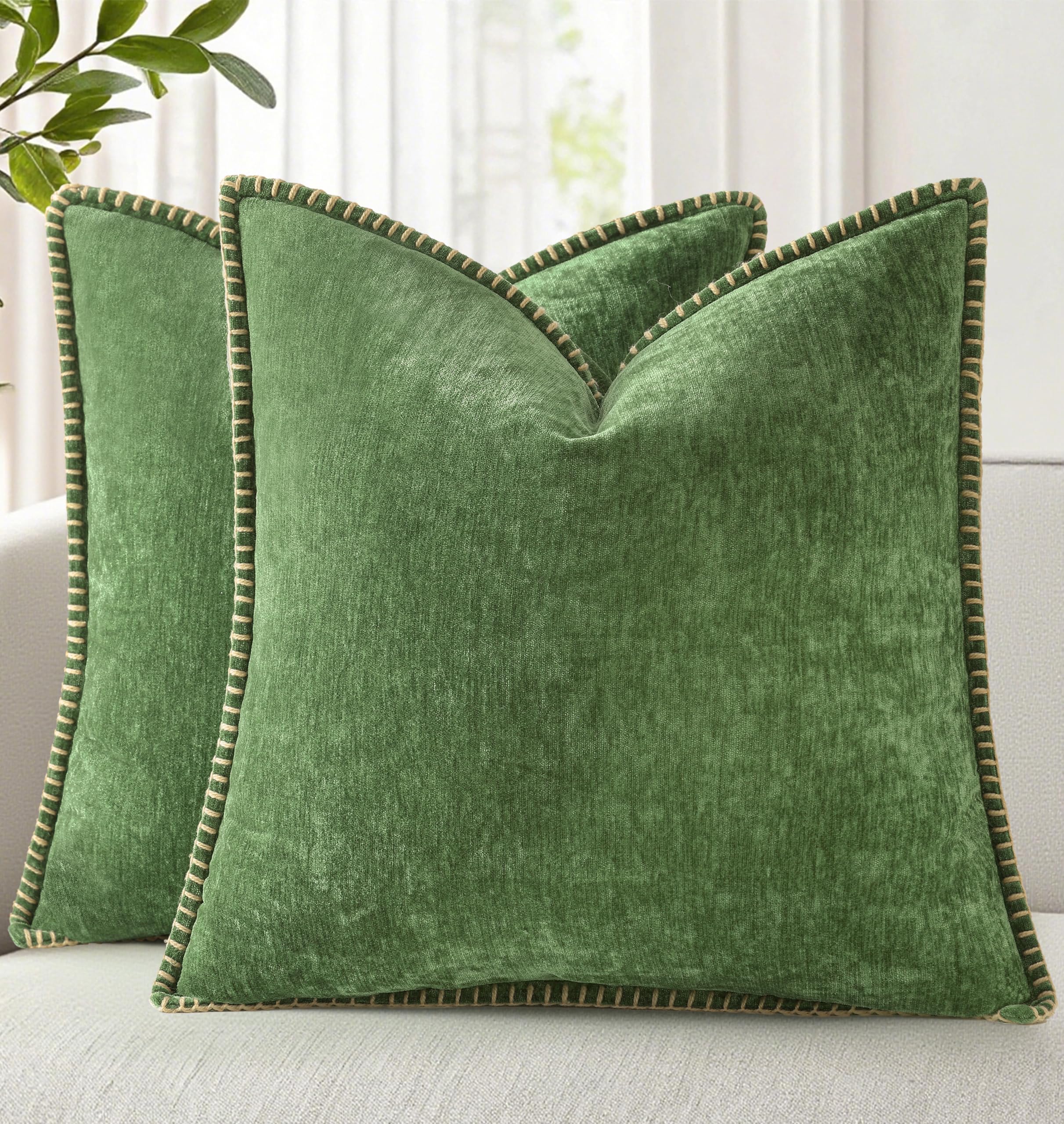 Photo 1 of decorUhome Fall Chenille Soft Throw Pillow Covers 18x18 Set of 2, Farmhouse Velvet Neutral Decorative Euro Pillow Covers with Stitched Edge for Couch Sofa Bed Home Decor, Forest Elf