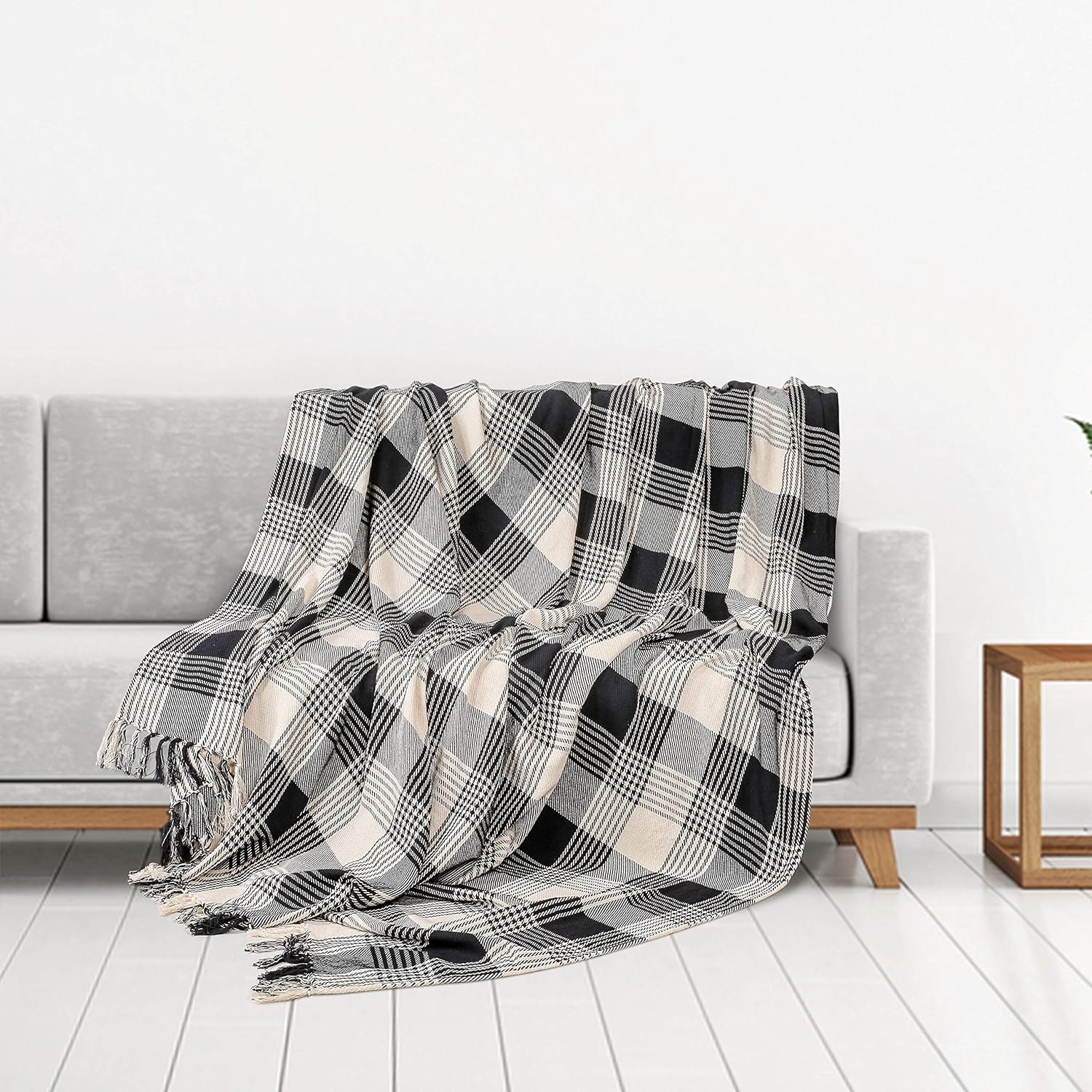 EHC Premium Reversible 100% Cotton Large 150 x 200 cm Tartan Throws for Sofa Armchair Bedspread, Black, Black / Natural - Image 4