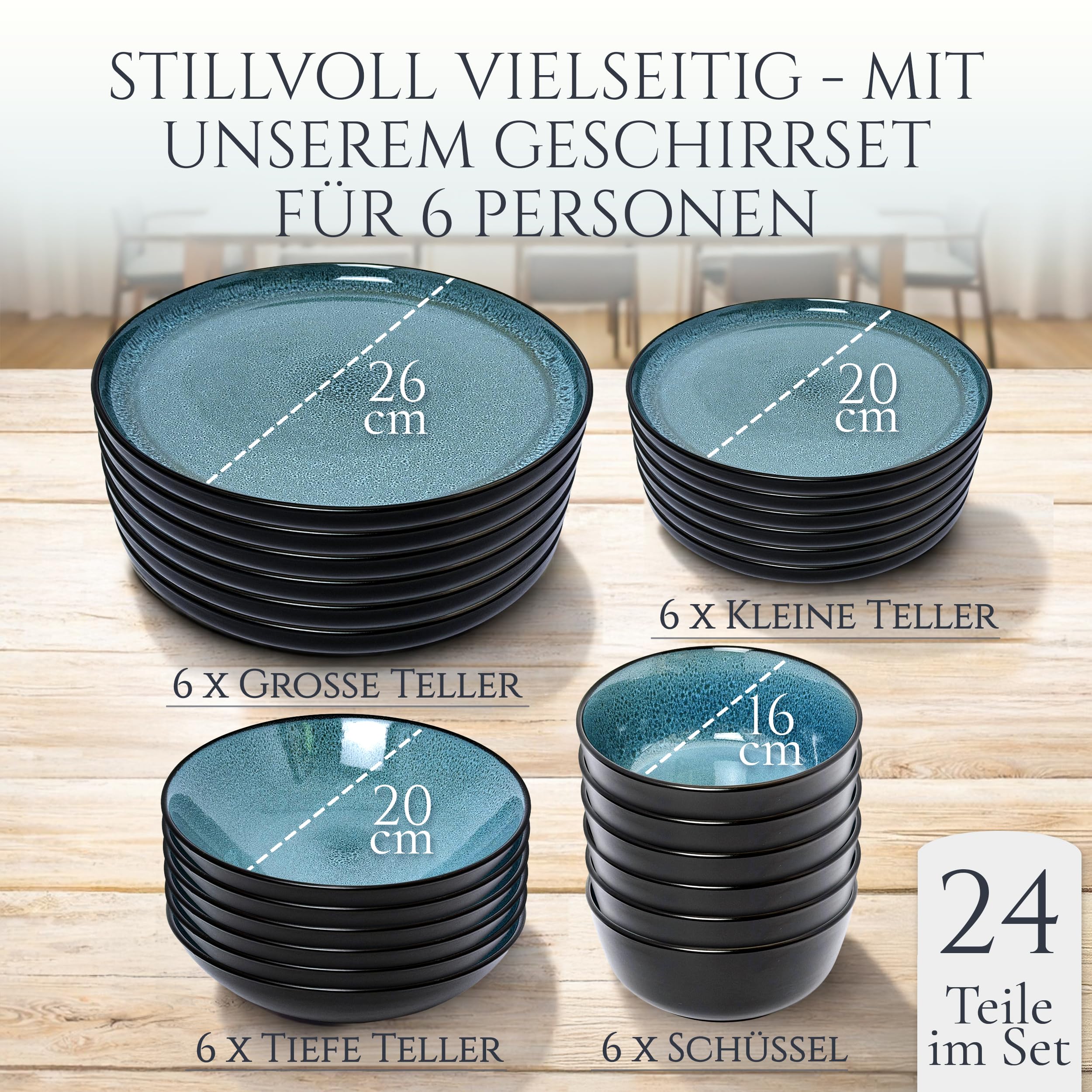 Steingut Geschirrset 6 Personen Ibiza 24 tlg. TESTSIEGER, Traumhaftes Mediterranes Steingut Geschirr Set, Schüssel- und Teller Set, Tafelservice 6 Personen, Geschirrsets Pure Living in Petrol 5