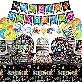 Science Party Supplies, Includes Happy Birthday banners, Plates, Tablecloth, Cups, Balloon and Straws, for Little Scientist L