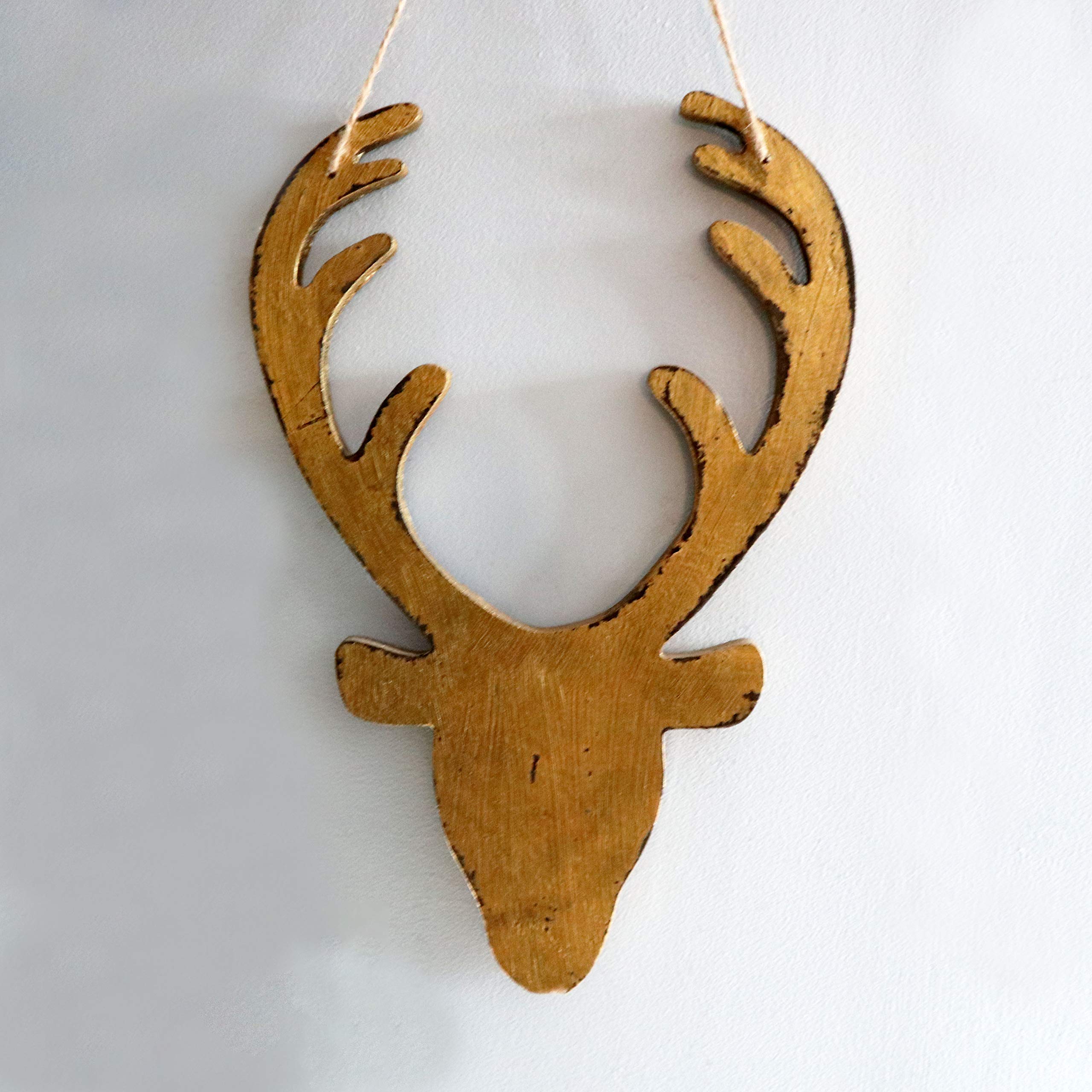 SHATCHI 26cm Christmas Wooden Hanging Golden Front Face Deer Wall Decoration Xmas Home Office Holiday Decorative Centrepiece, 16 x 26H CM