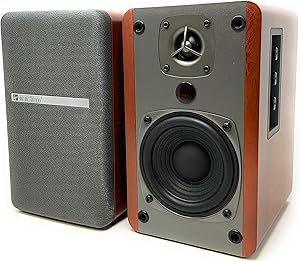 Singing Wood BT27 Powered Bluetooth Bookshelf Speaker Studio Monitor with 2 Auxiliary Line Input 27W x 2- Walnut Wood Finish-Pair