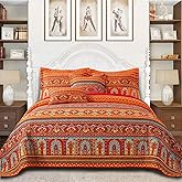 VAPUTAR Cotton Quilt Queen Size Bedding Set - 3 Pieces, Boho Queen Size Quilts, Lightweight Reversible Coverlets Bedspreads for Farmhouse Bedroom (Red/Orange)