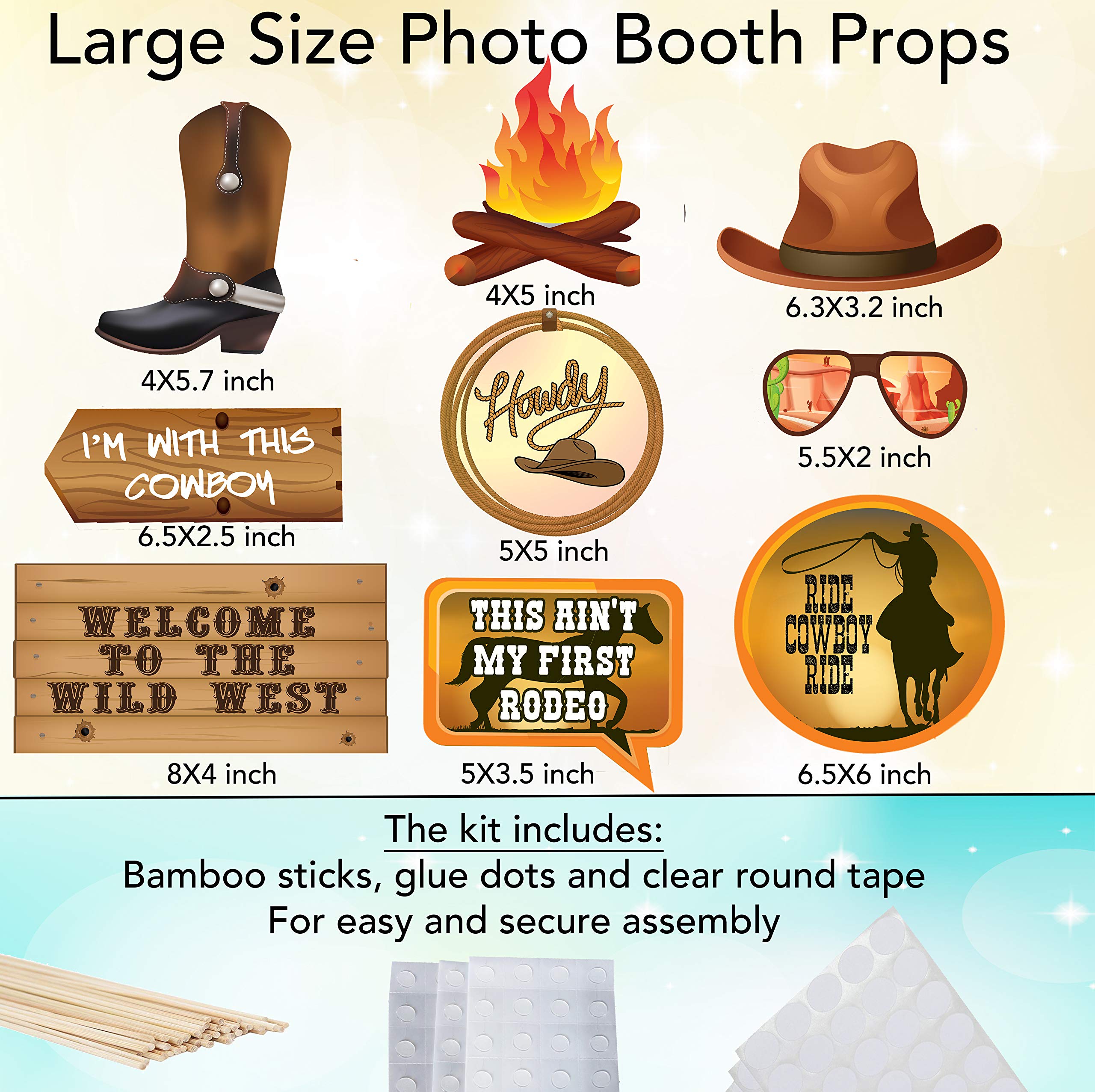 Western Photo Booth Props - Ultimate Cowgirl/Cowboy Party Decorations for Decorating Walls, Doors, Tables - 42 Large Colorful Photo Props Complete with Glue Dots and Bamboo Rods by Scapa Pro