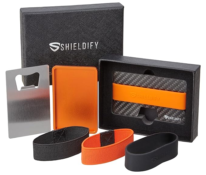 SHIELDIFY ® Carbon Slim Wallet Münzfach CoinCard RFID Blocker - bis 16 Karten mit 4 Bändern - Space Kreditkartenhalter Kredit