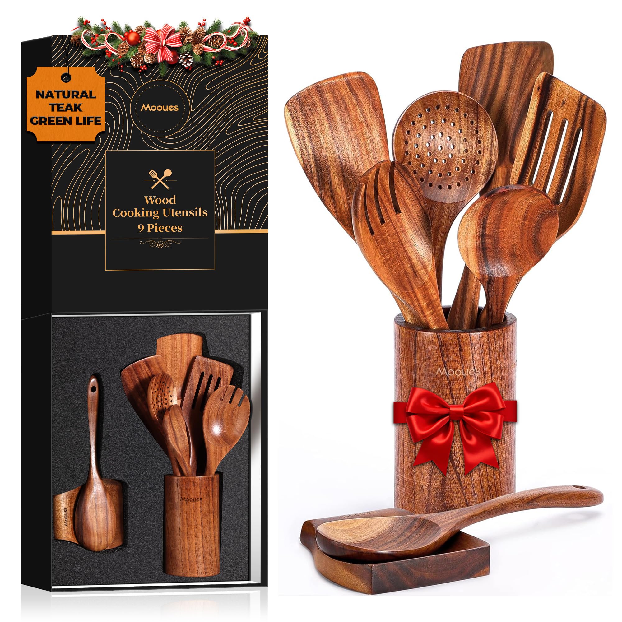 Mooues Wooden Spoons for Cooking, Wooden Utensils for Cooking Natural Teak Wooden Kitchen Utensils Set Comfort Grip(9 PCS SET GIFT BOX) Image