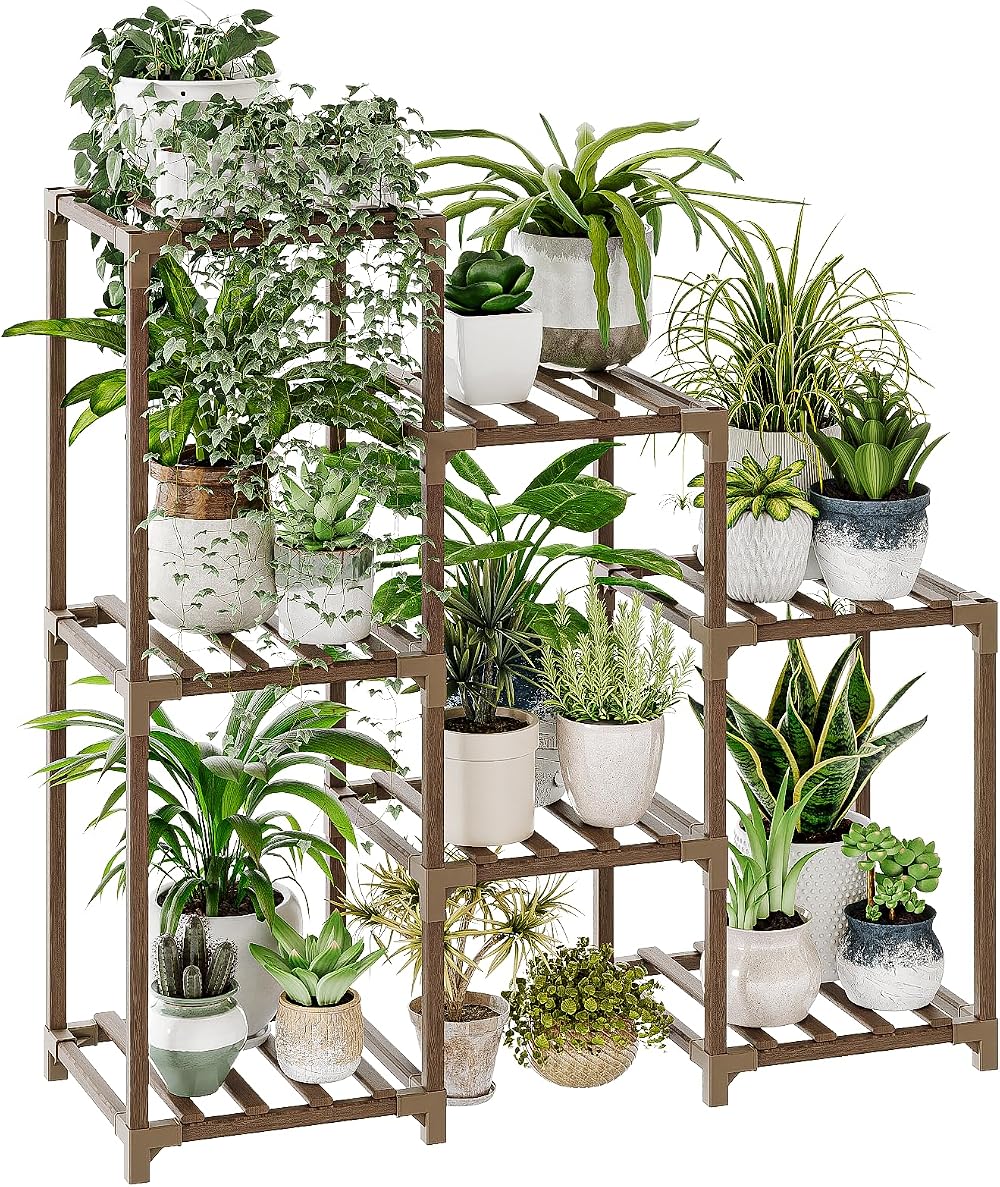 Bamworld Plant Stand 3-Tier Ladder Shelf Indoor Outdoor Wood Plant Rack