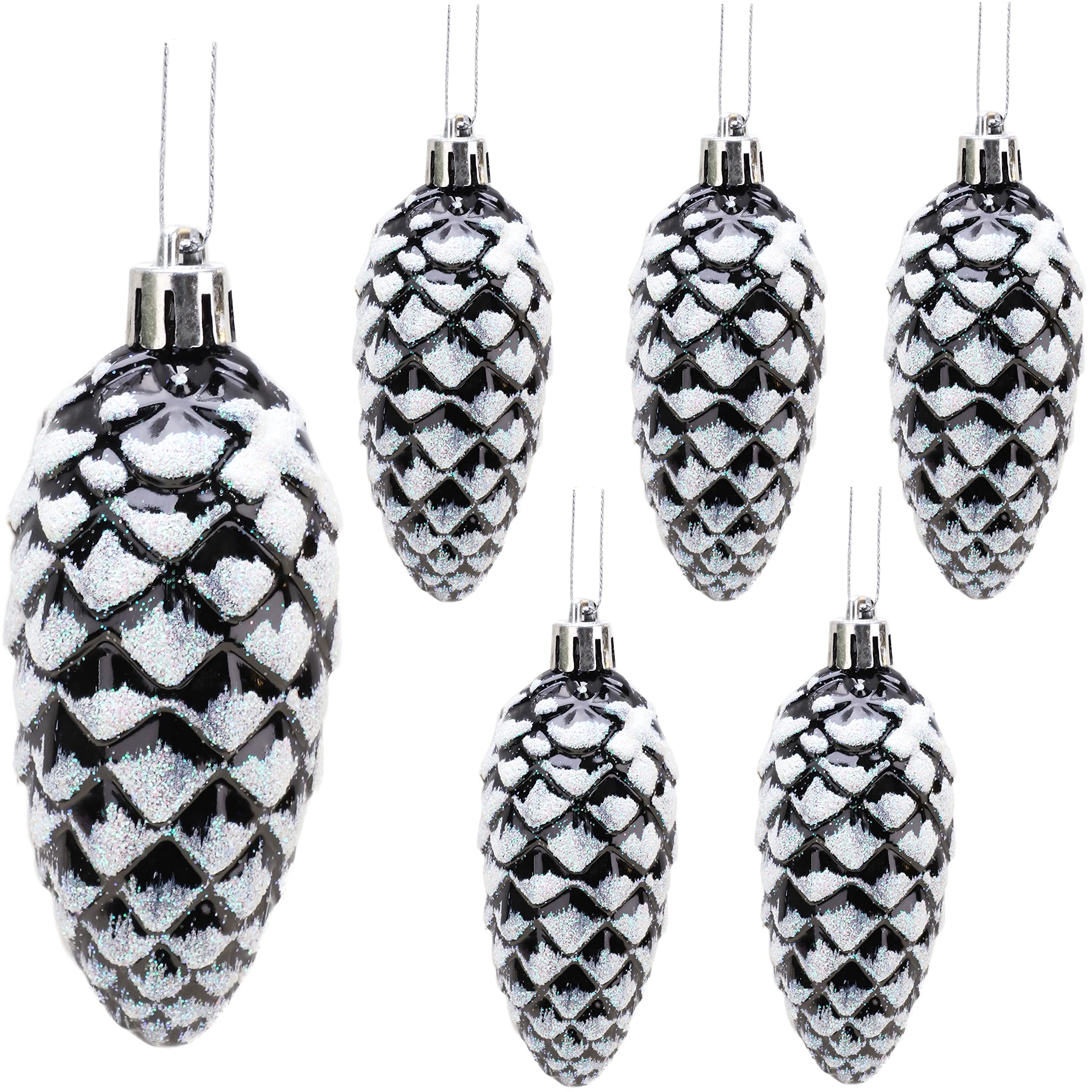 Christmas Concepts® Pack of 6–90mm Shiny & Glitter Decorated Pine Cone Baubles – Christmas Tree Decorations (Black)