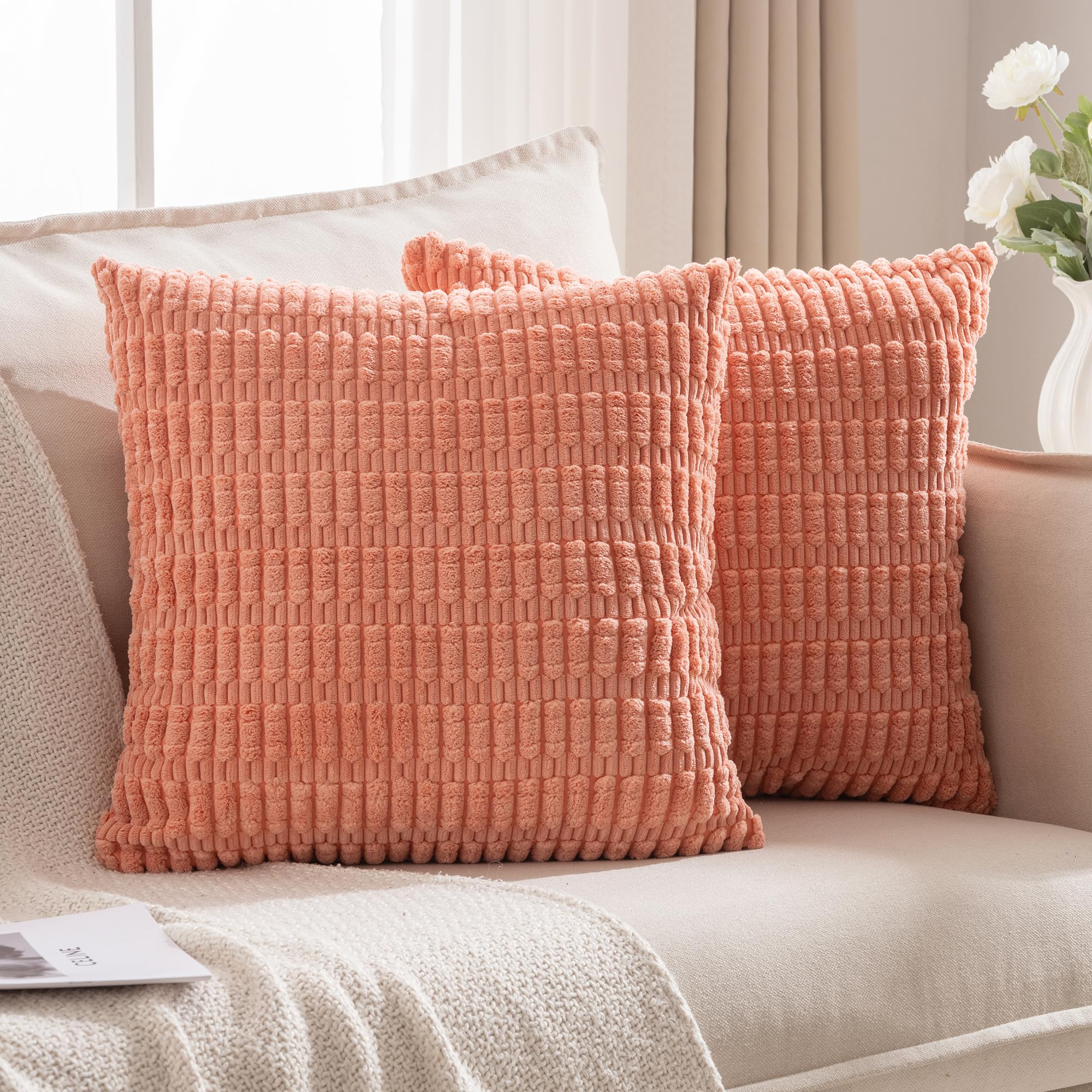 Photo 1 of JELLYMONI 2 PCS Coral Decorative Throw Pillow Covers 16x16in Inch, Corduroy Striped Boho Pillows Cover for Living Room Bed Sofa Couch, Spring Farmhouse Boho Home Decor
