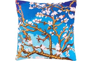 Brvsk Floral Needlepoint Kit for Adults and Beginners — Almond Blossom by Vincent Van Gogh 16″ × 16″ with Clear, Precise Printed Design on Cotton Canvas; Includes 2 Needles, Yarn, and Easy-Read Chart