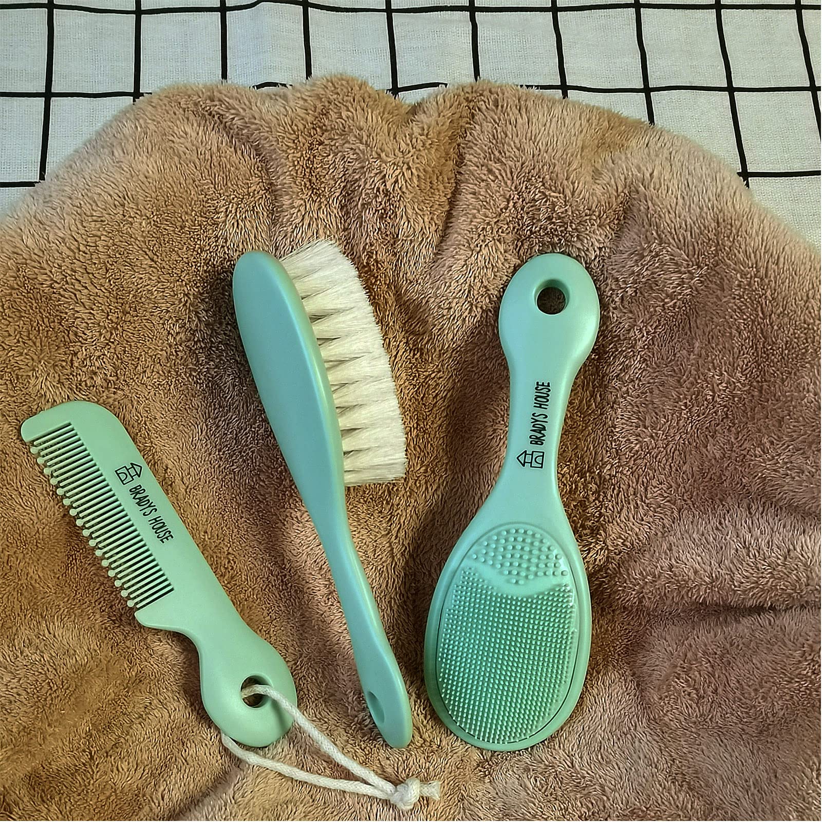 3 Piece Baby Hair Brush & Comb Set for Newborns- Soft Goat Bristle Hair-Brush, Silicone Bath Brush and Plastic Comb for Infant, Toddler, Kids - Baby