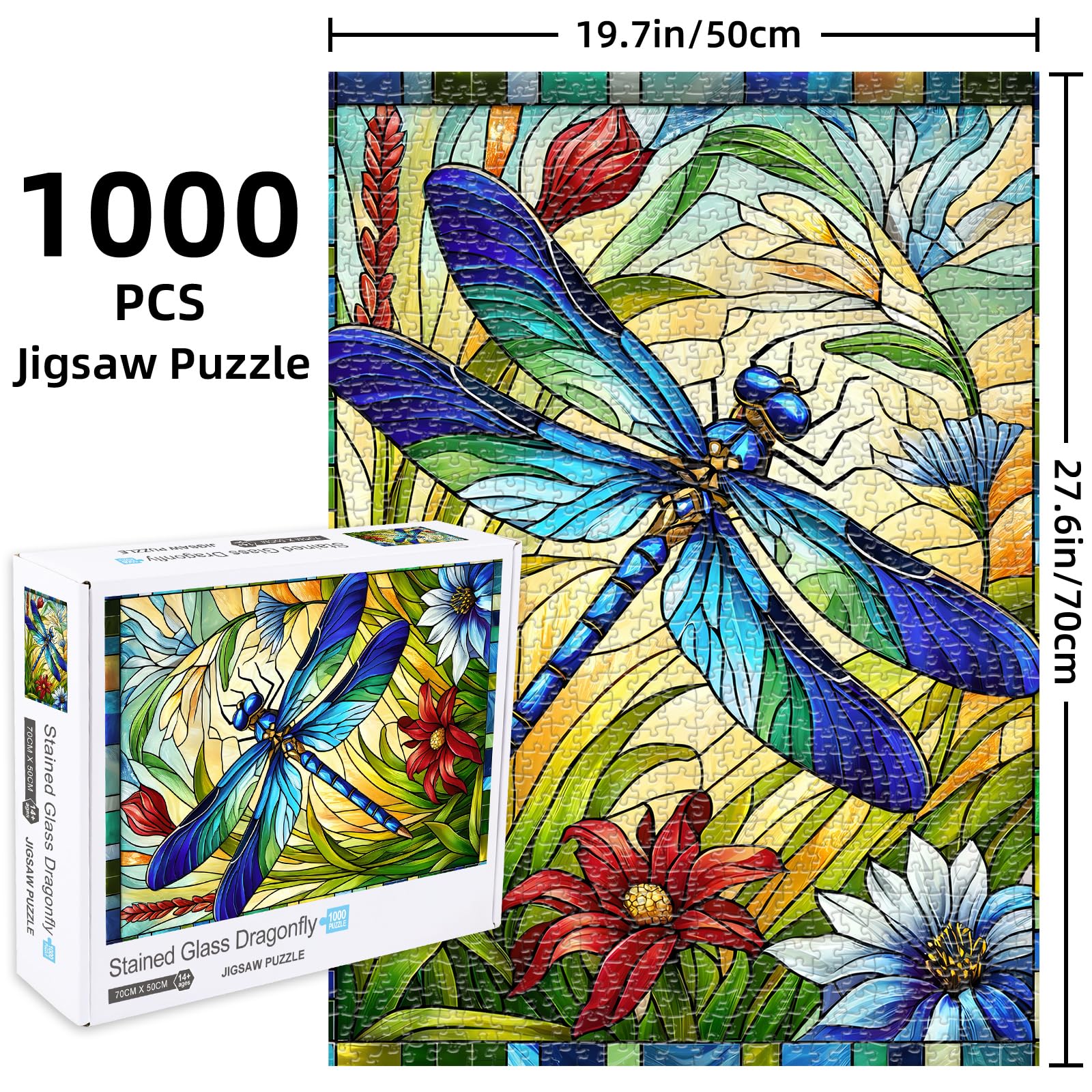 Sutinban Stained Glass Dragonfly 1000 Piece Puzzles, Jigsaw Puzzle 1000 Pieces for Adults, Coolest Adult Puzzles for Happy Family Time, Great Gift for Jigsaw Puzzle Lovers, 27.5’’x19.7’’