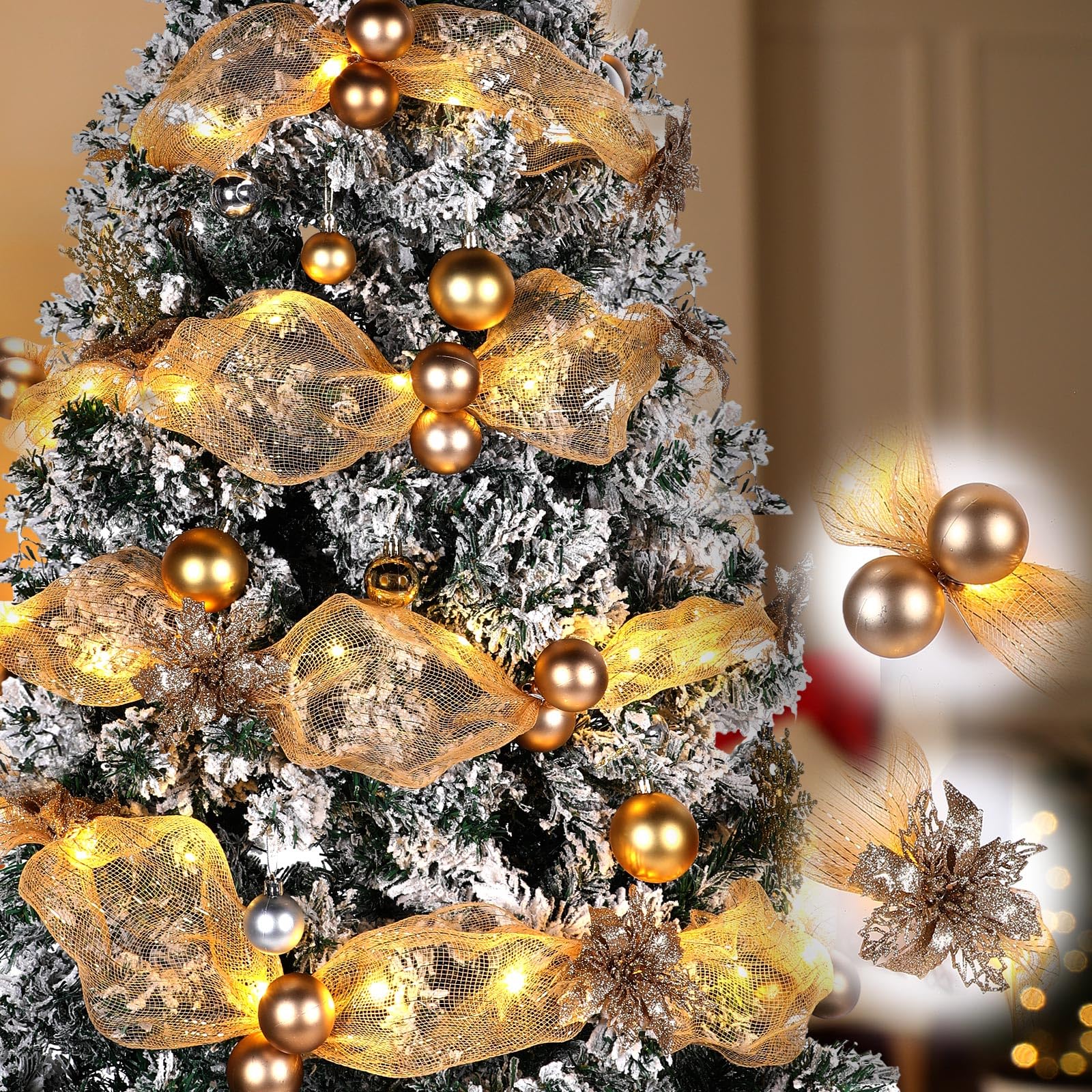 Photo 1 of Hollowfly 16.4 ft Christmas Tree Ribbon Garland Mesh with Lights Decor Mesh Christmas Ball Garland Poinsettia Flower Hanging Ornament for Mantle Front Door Xmas Decoration(Champagne Gold)