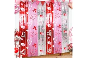 BIAWOY Foil Fringe Curtains Backdrop Valentines Party Decorations, 2 Pack 3.3 x 6.6 FT Red Pink Silver Tinsel Valentines Day Backdrop, Valentines Photo Backdrops Galentines Day Decor Wedding Party Decor