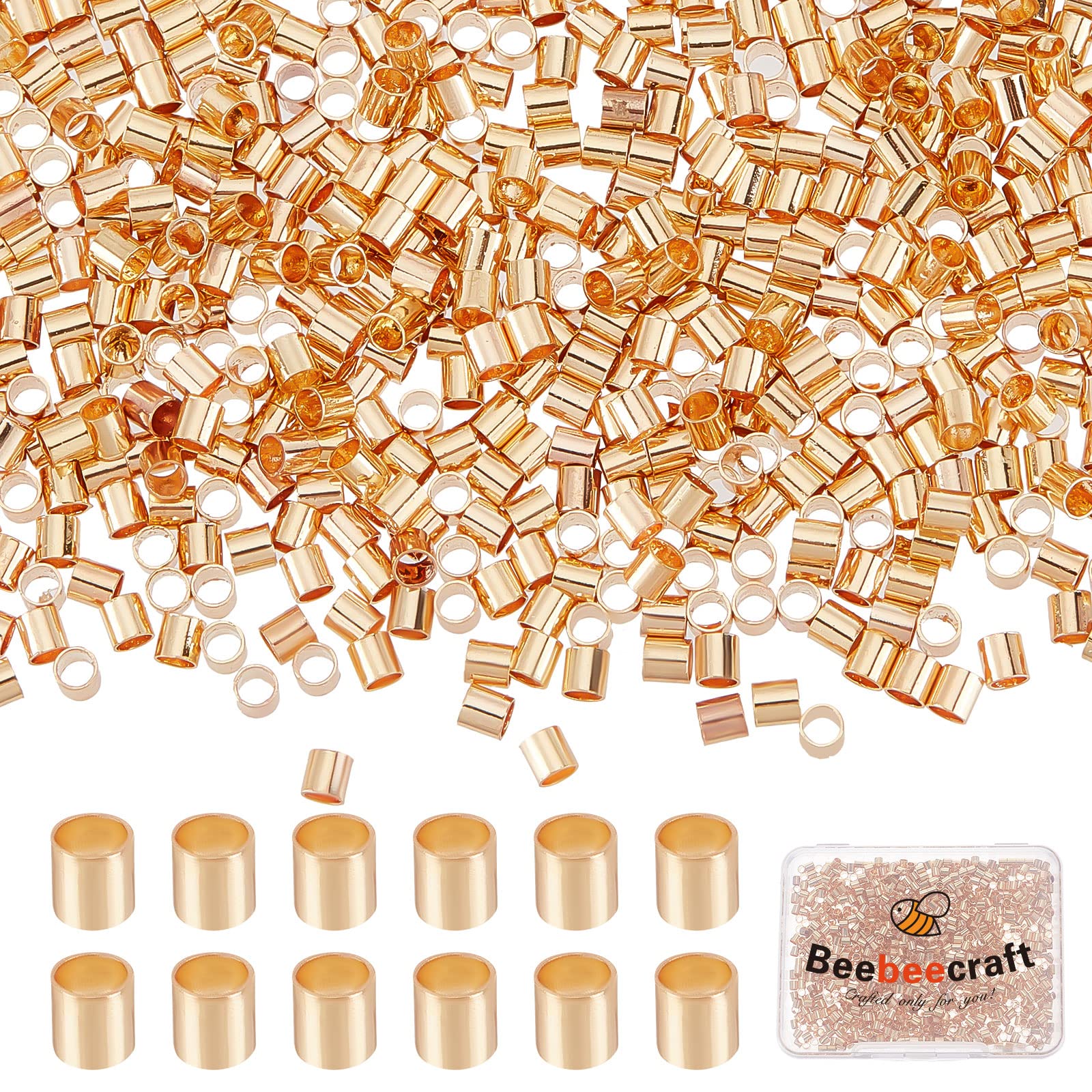 Beebeecraft 1 Box 1000Pcs 2mm/0.08in Crimp Tube Beads 18K Gold Plated Crimp Beads for Jewellery Making Spacers Cord End Caps for DIY Bracelets Making Accessories