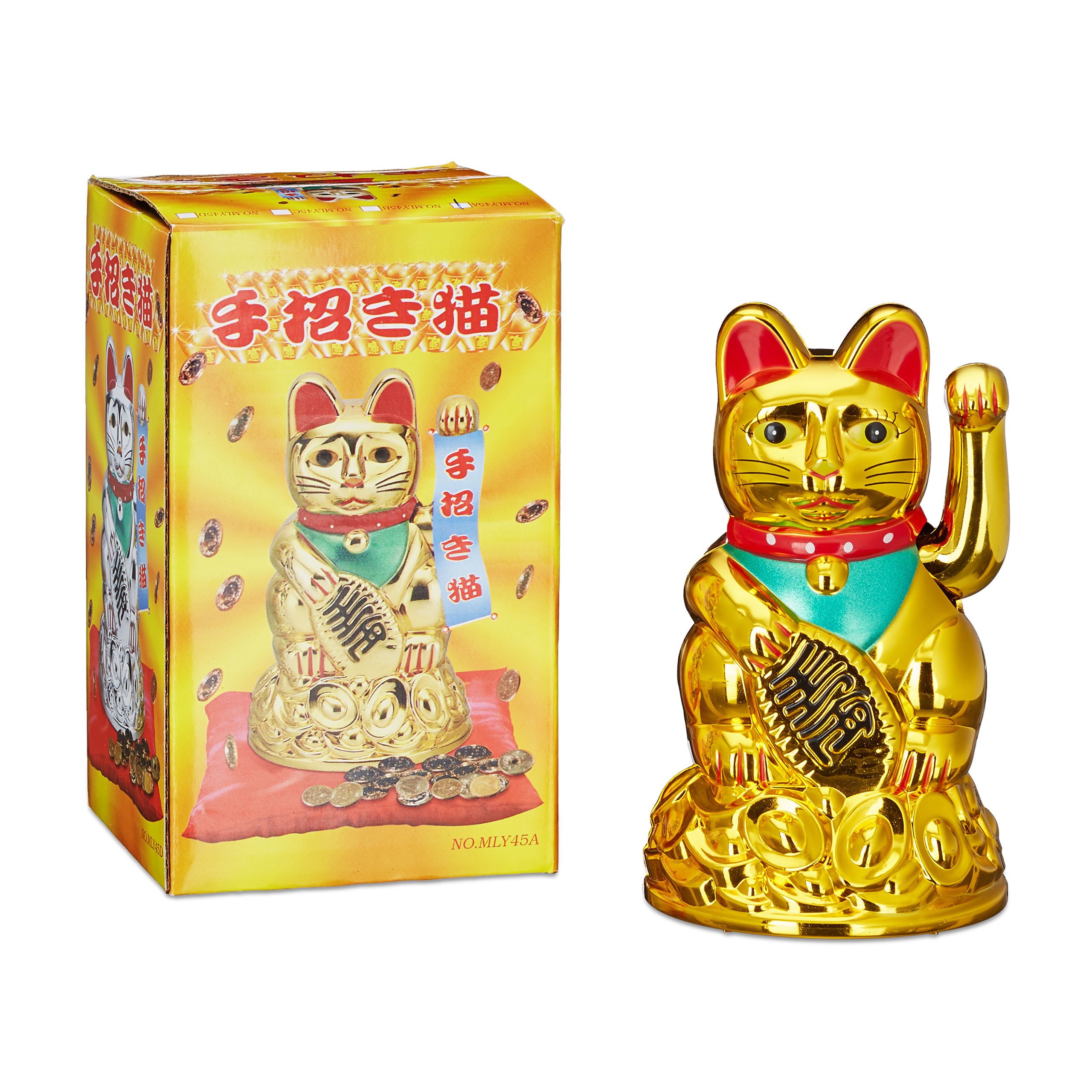Relaxdays "Maneki Neko" Waving Cat Good Luck Bringer, Gold, 11 cm