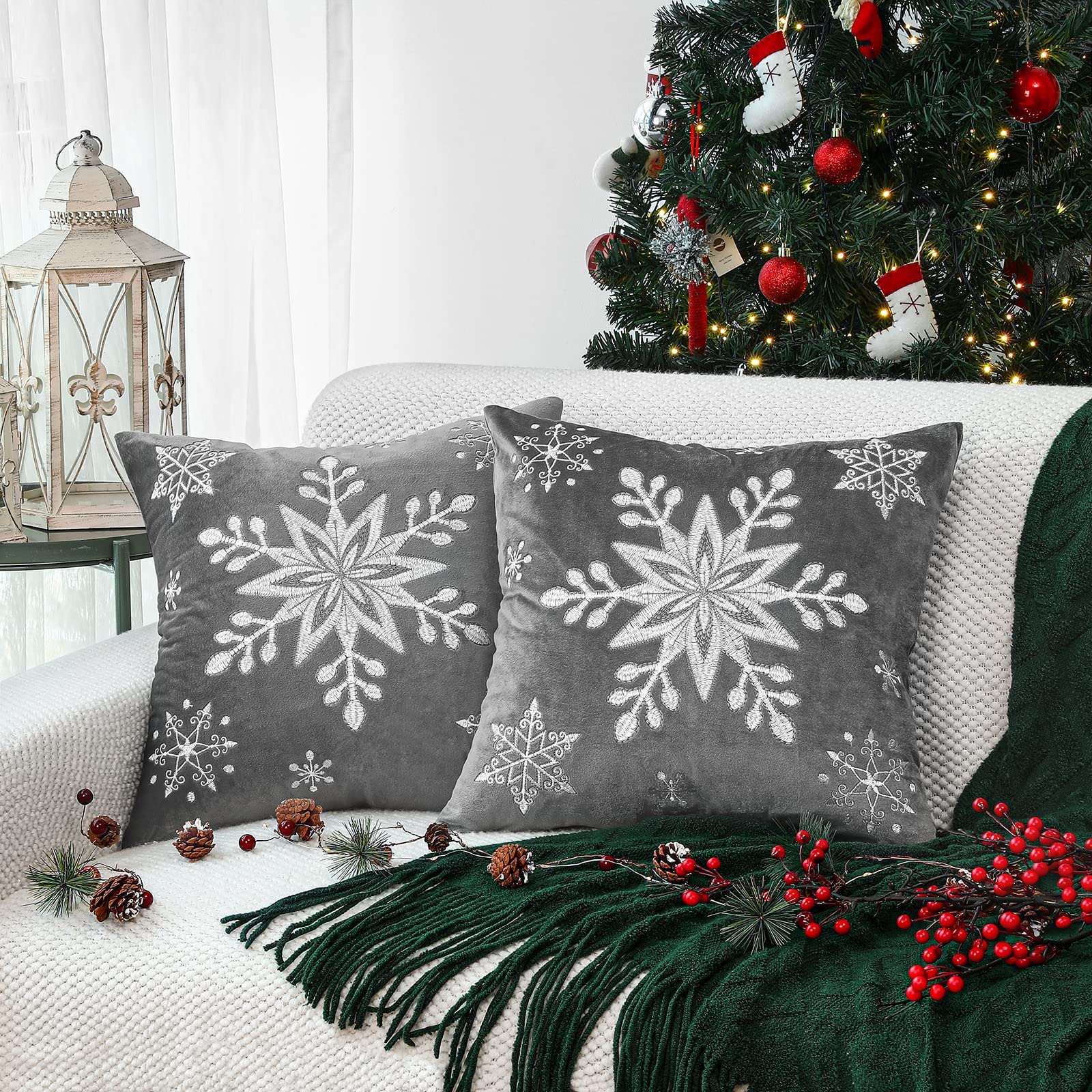 Lewondr Christmas Throw Pillow Covers, 16x16 Inch Snowflake Embroidery Pillow Cases Home Xmas Decorative Holiday Decor Cushion Covers Soft Velvet Pillow Cover for Sofa Bed Chair Set of 2, Gray