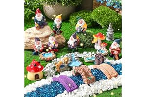 Unittype 19 Pcs Gnome Garden Accessories Tiny Fairy Gnome Figurines Miniature Bridge Mushroom Lighthouse Water Well Pond Resin Garden Decorations Miniature Figurines for Craft