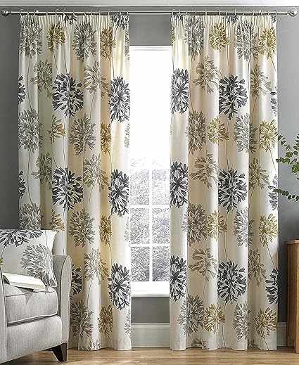 Dandelion Floral Printed Fully Lined 3 Tape Top Curtains Pair