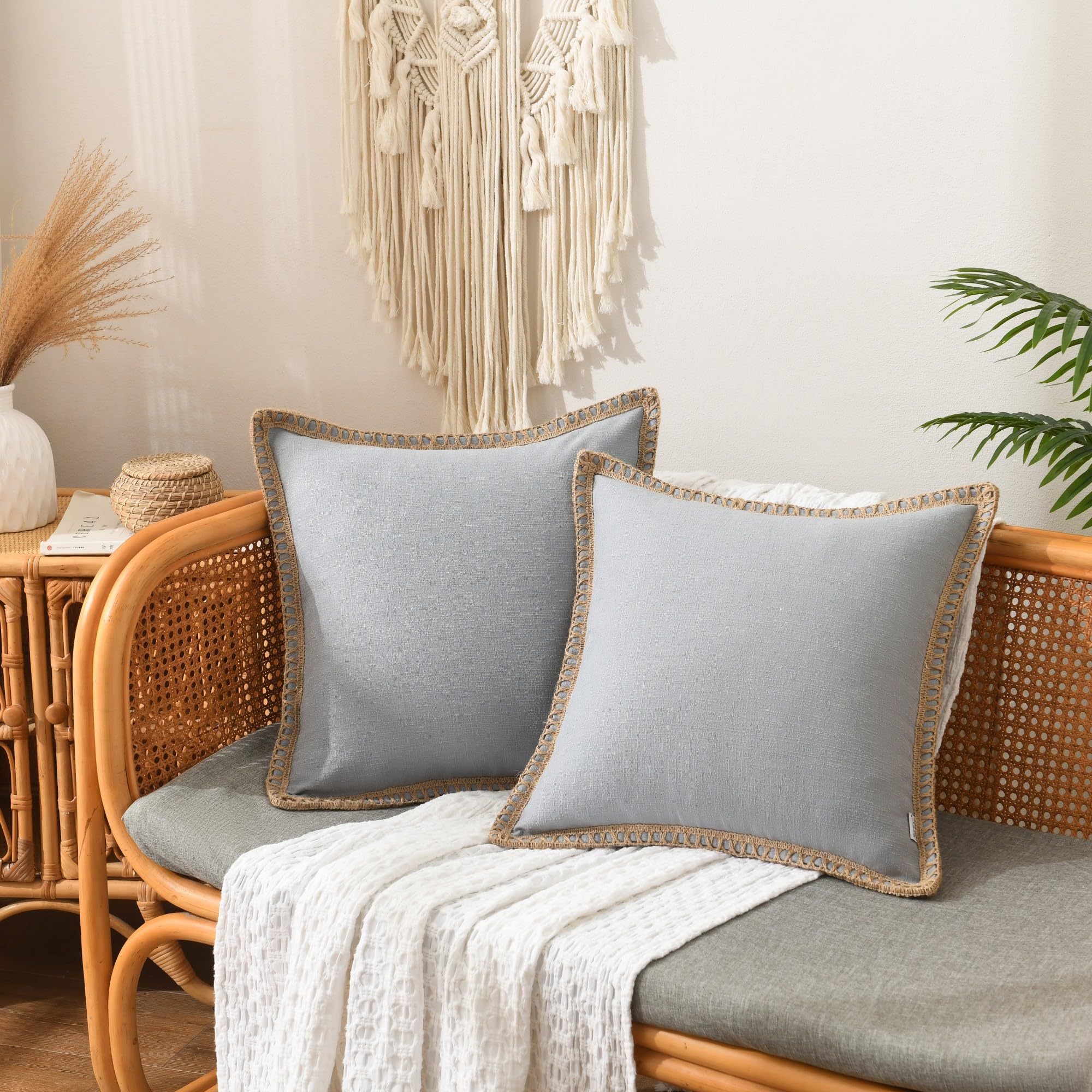 NordECO HOME Set of 2 Throw Pillow Covers - Burlap Linen Trimmed Tailored Edges Decorative Cushion Covers for Bed Home Decoration (2 Pieces, 26" x26", Concrete Grey) Image