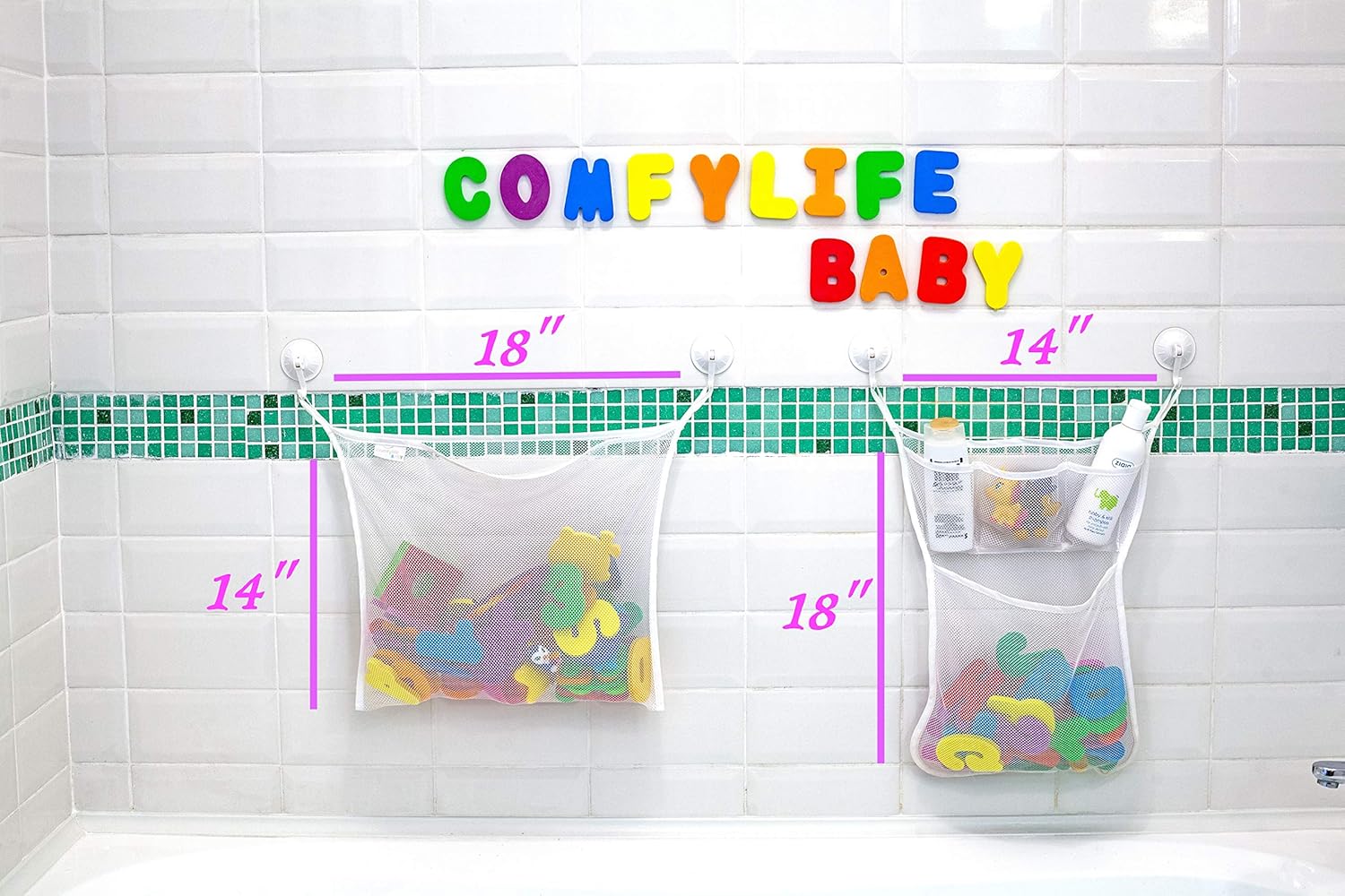 Comfylife 2 x Mesh Bath Toy Organizer + 6 Ultra Strong Hooks + 36 Bath Letters & Numbers – Eco-Safe, Fun, Educational Foam Baby Bath Letters and Perfect Toy Storage Net for Baby Bath Toys & More: Home & Kitchen