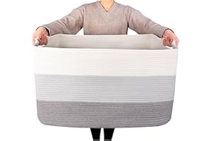 MINTWOOD Design 22in Extra Large Blanket Basket Holder Living Room, Rectangle Rope Woven Storage Basket with Handles for Laundry, Pool Towels, and Shoes, Dog Toy Organizer Bin Box, 3-Tone Light Gray
