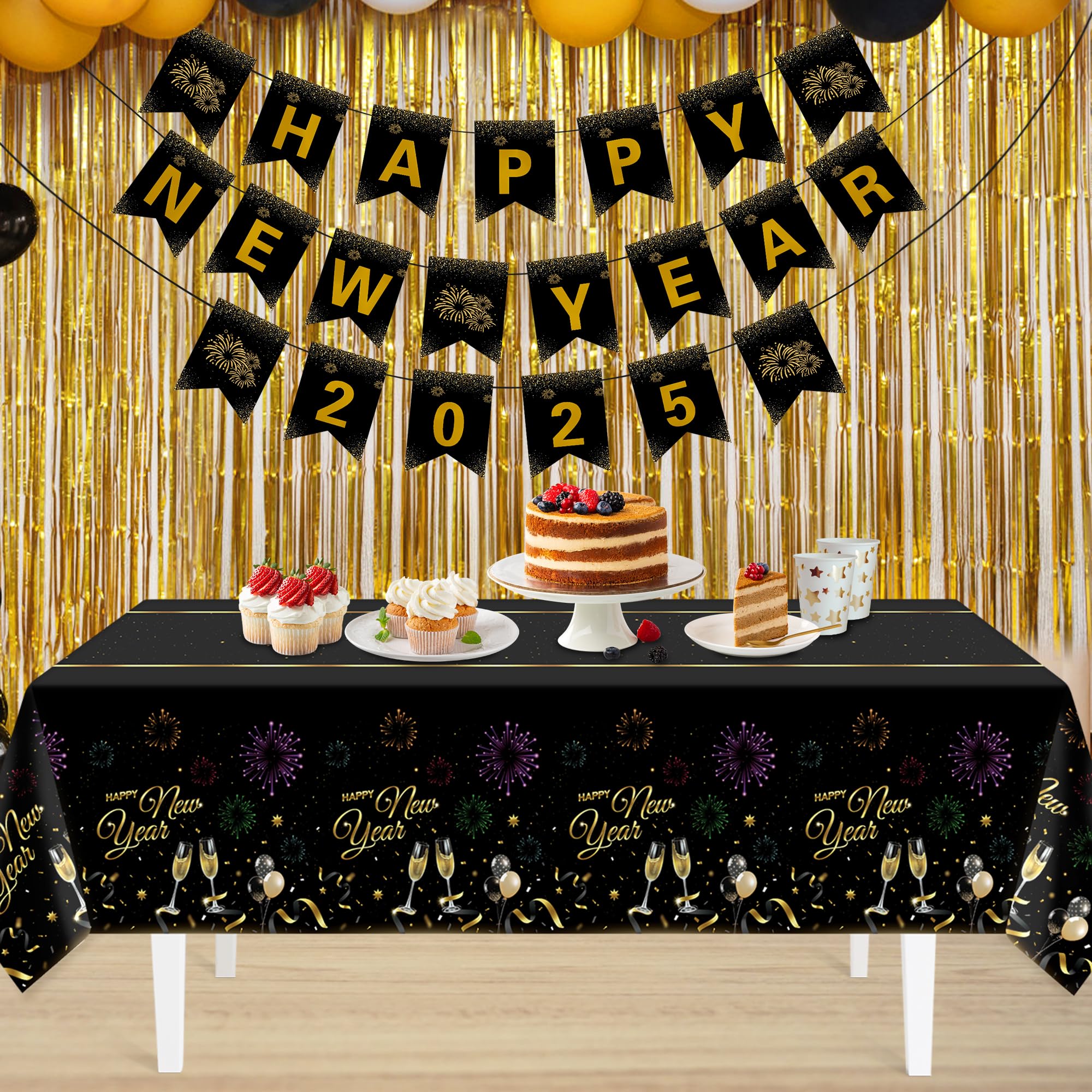 Childom 2 Pack Happy New Year Tablecloths,Happy New Years Decorations 2026,Disposable Rectangular Tablecloths Plastic 54