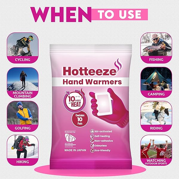 HOTTEEZE HAND WARMERS ECO FRIENDLY SELF ADHESIVE DISPOSABLE ODOURLESS PAIN RELIEF GLOVE WARMER FOR 10 HOURS OF HEAT, INSTANT AIR ACTIVATED POCKET HEATER – 1 PACK (10 PADS)