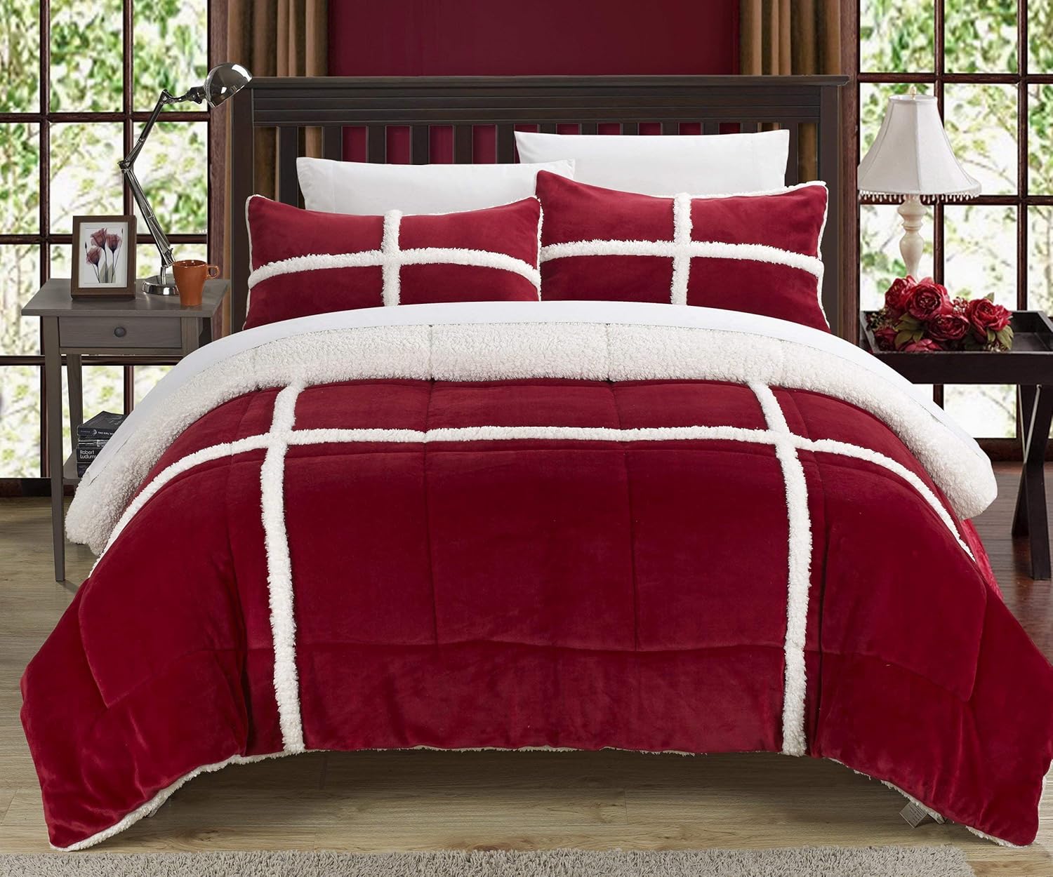 Chic Home 3 Piece Chloe Sherpa Comforter Set, Queen, Red