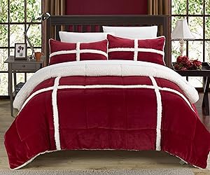 Chic Home 3 Piece Chloe Sherpa Comforter Set, Queen, Red