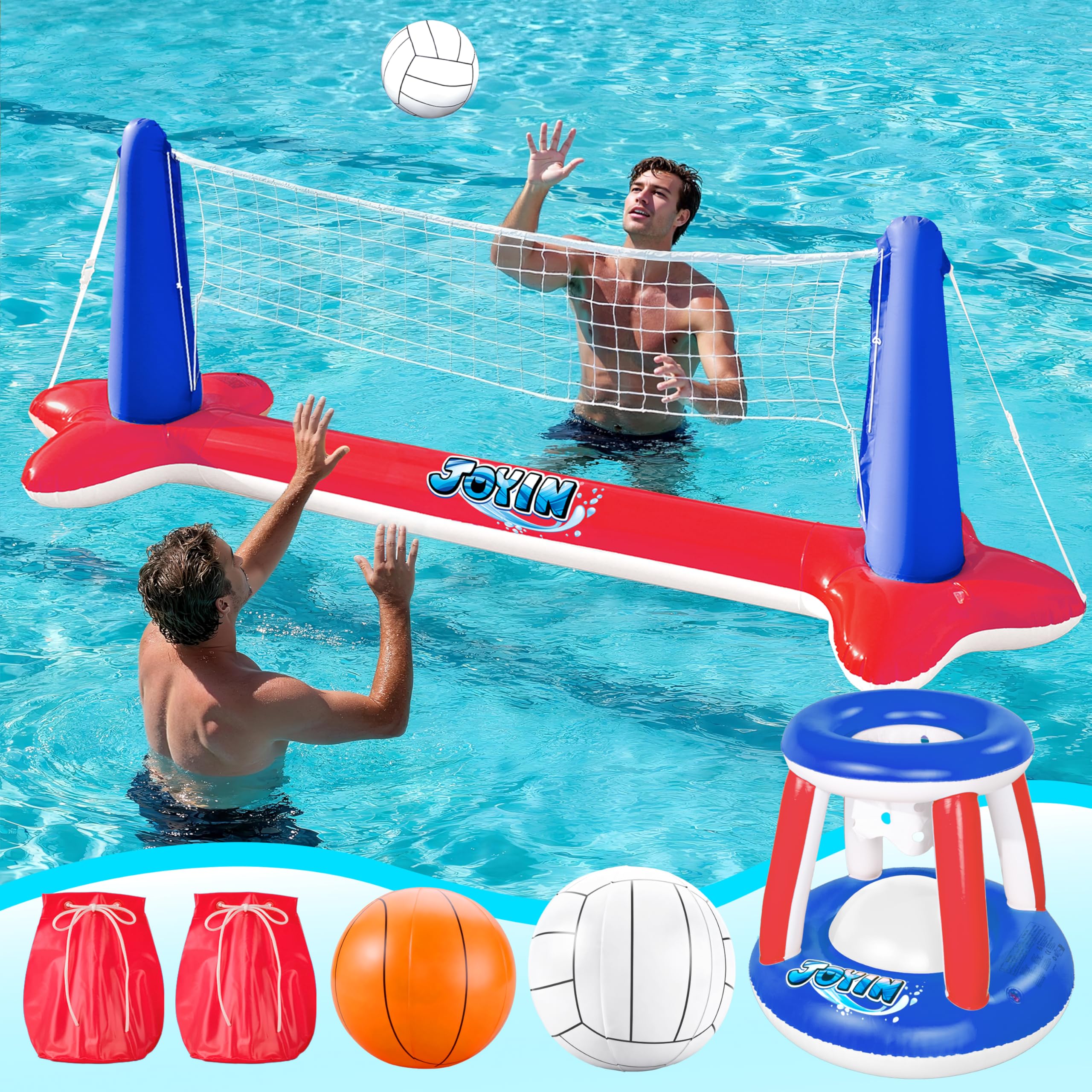 JOYIN Inflatable Pool Float Set Volleyball Net & Basketball Hoops, Floating Swimming Game Toy for Kids/Adults, Summer Floaties, Volleyball Court (105"x28"x35")|Basketball hoop(27"x23"x27"),red