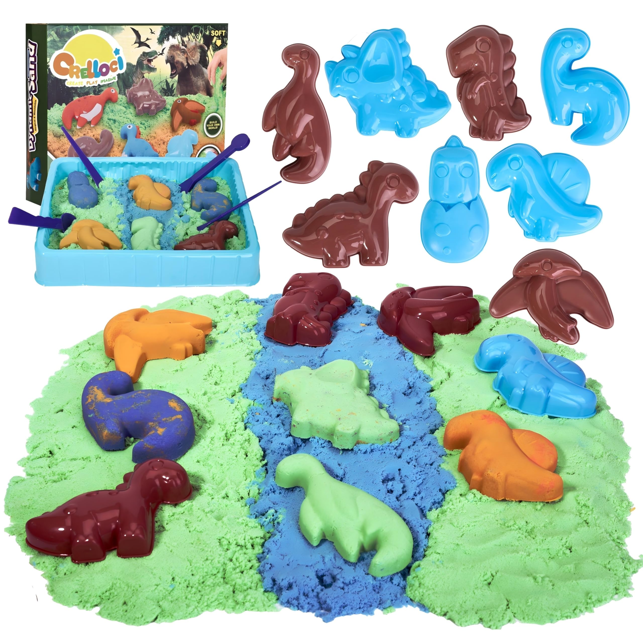 Crelloci Dinosaur Play Sand for Kids - Magic Sand Toys with 1.1lbs Sand, 8 Cute Molds and Tools, Dino World Sandbox Kit, Sensory Magnetic Play Set Gift for Boys Age 3+