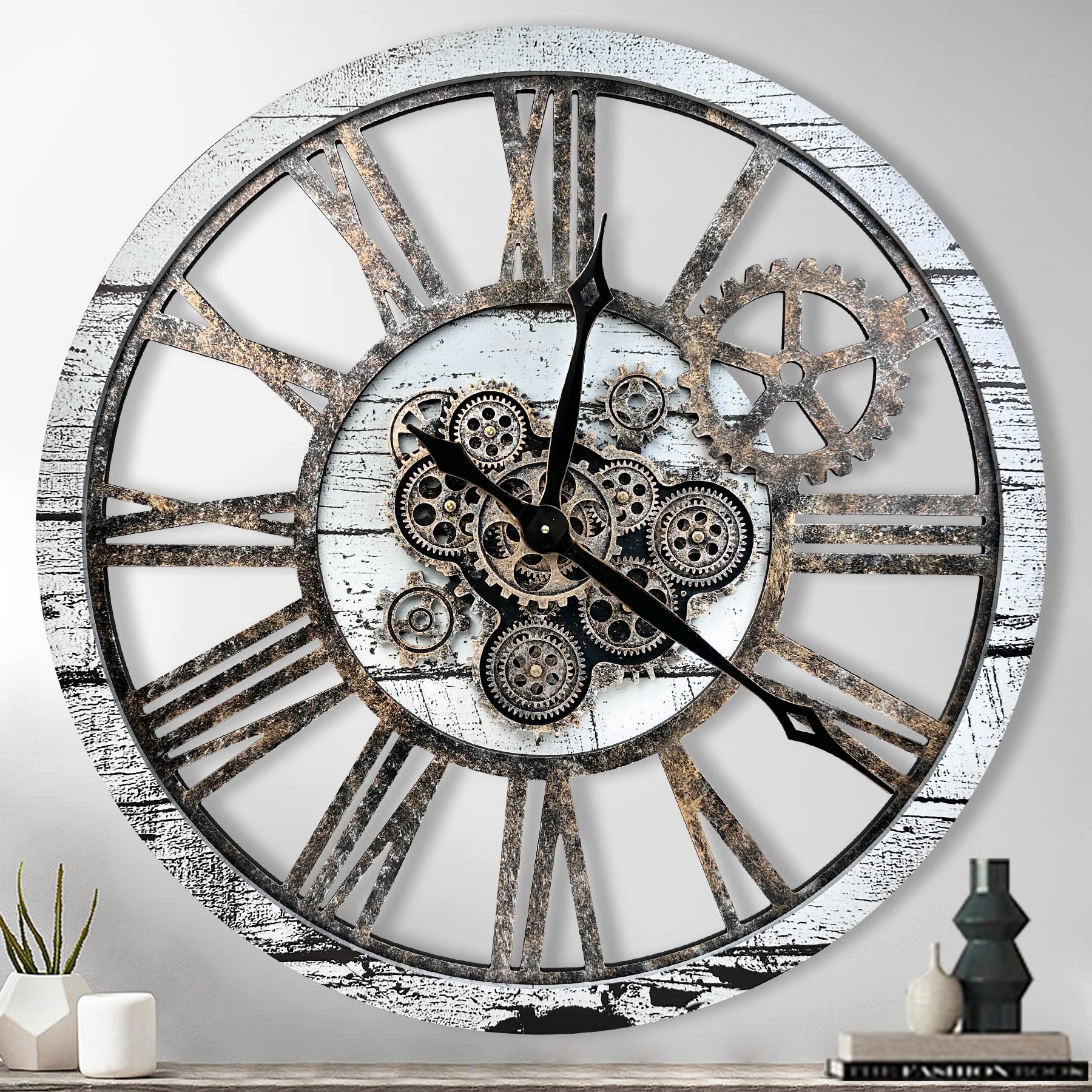 Photo 1 of The B-Style Large Real Moving Gears Wall Clock 30 inch Rustic Retro Industrial Farmhouse Wood Clock Oversized Decorative Vintage Wall Clocks for Living Room (Gray White, 30 Inch/76CM)