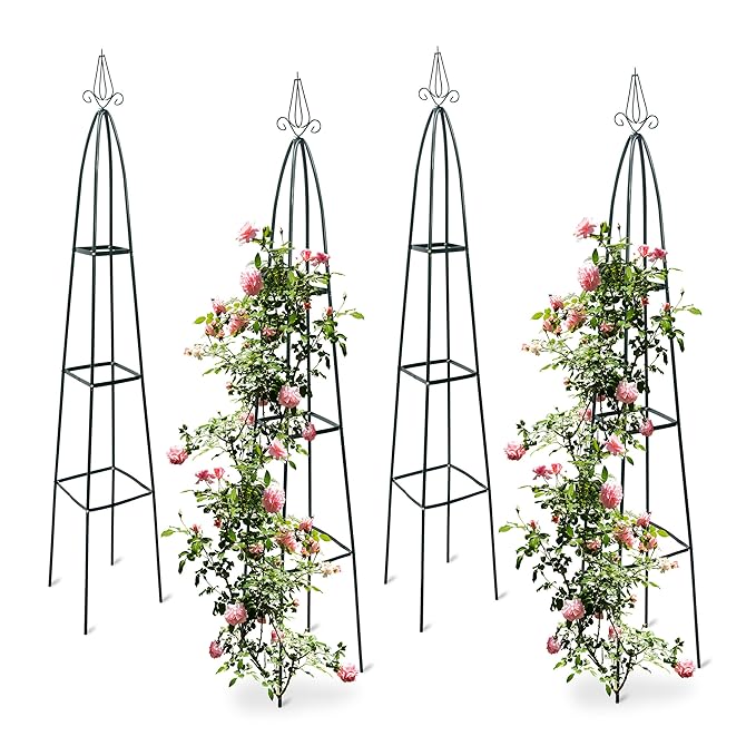 4x Rankturm, Garten Obelisk, freistehende Rankhilfe für Kletterpflanzen, Ranksäule, Metall, HBT 192 x 35 x 35 cm, grün