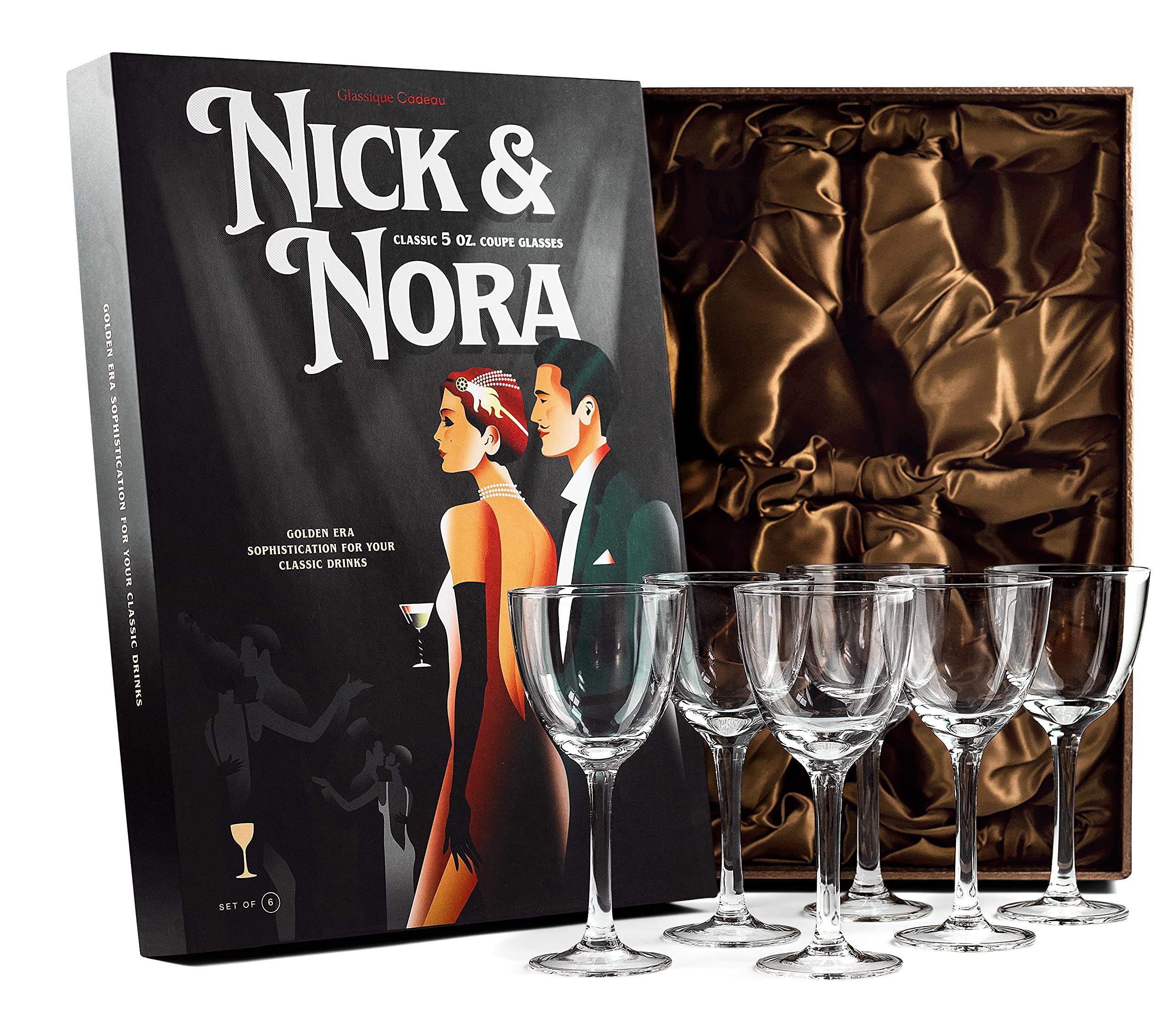 Crystal 150 ml Retro Nick and Nora Coupe Glasses | Set of 6 | Vintage Bar Glassware for Martini, Manhattan, Cosmopolitan, Classic Cocktail Drinks | Small Drinking Coups with Long Stems