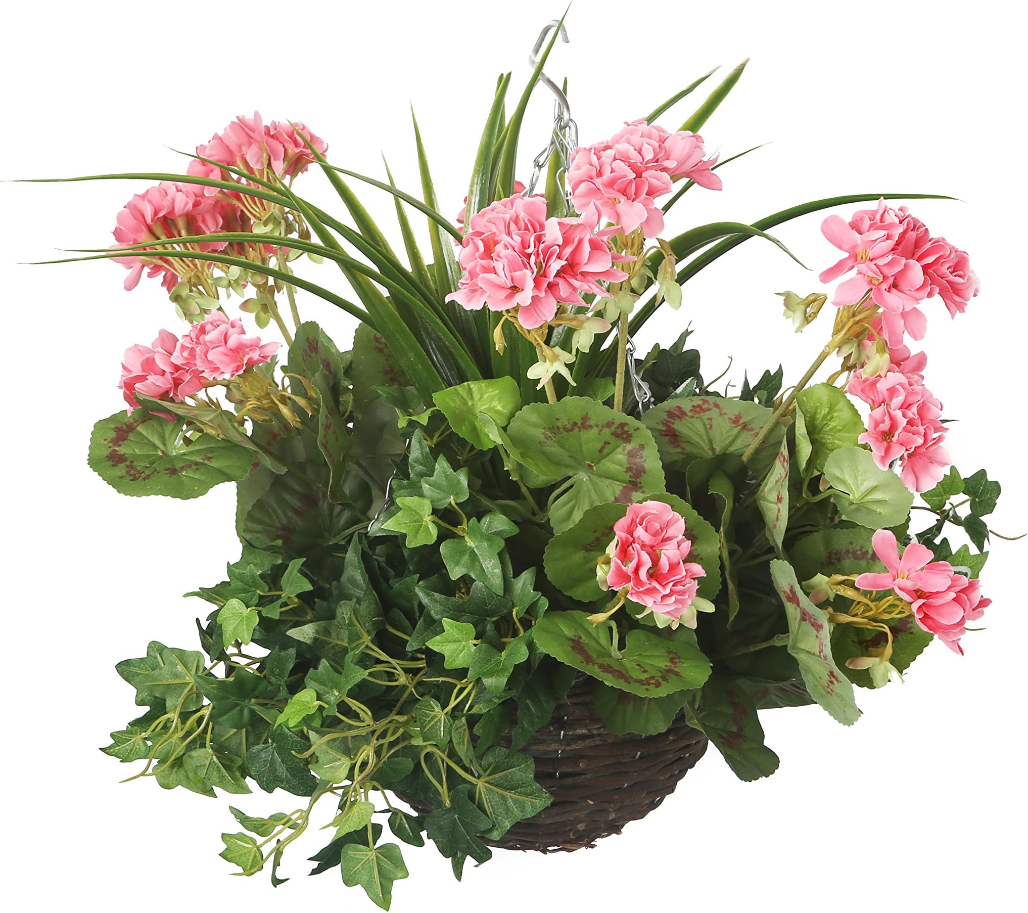 Closer2Nature - Pink Artificial Geranium Display in a 10" Round Willow Hanging Basket; Perfect Faux Flowers Decoration Plants for Vibrant Outdoor Plants in Garden