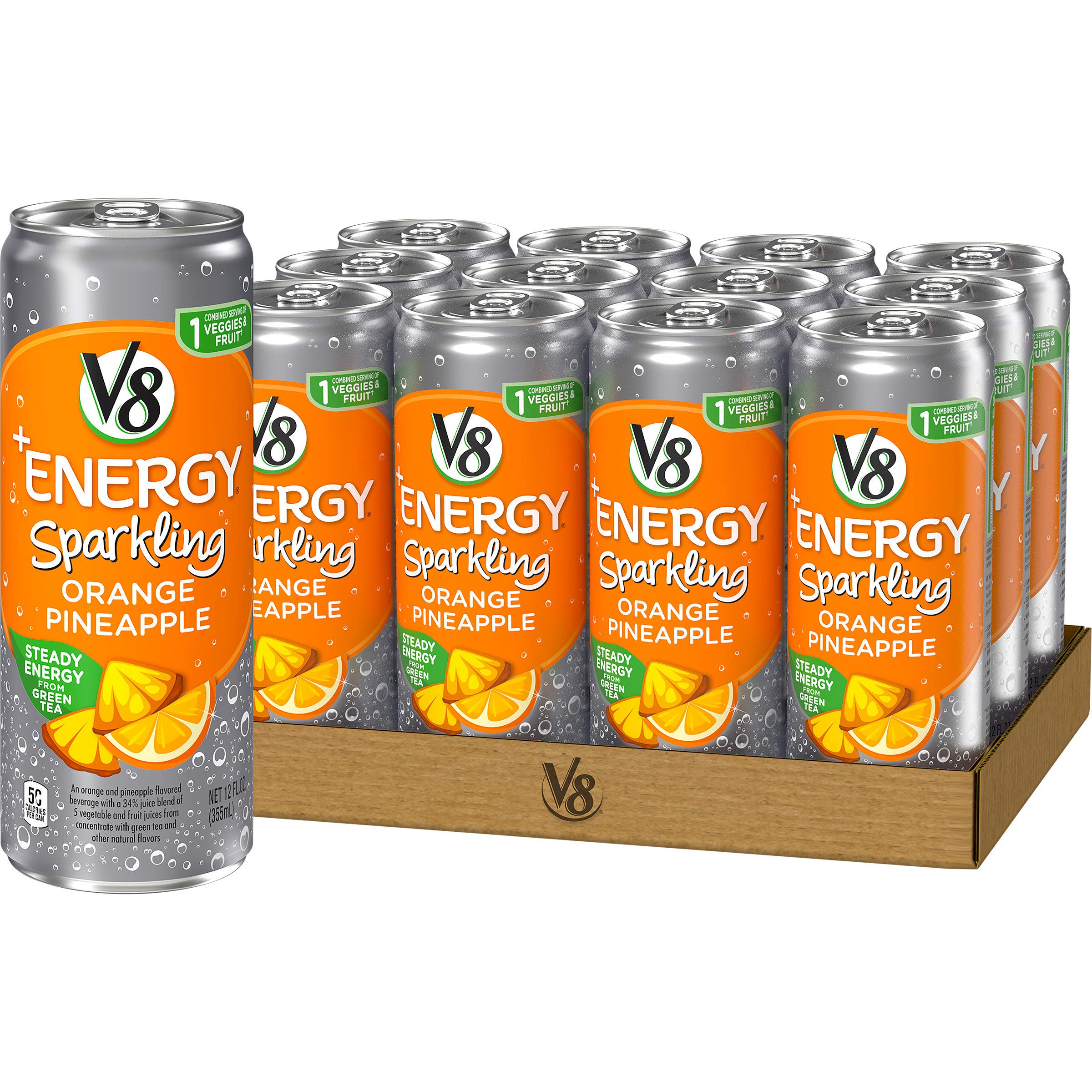 V8 +Energy, Juice Drink with Green Tea, Sparkling Orange Pineapple, 12