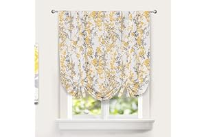 DriftAway Leah Abstract Floral Blossom Ink Painting Pattern Room Darkening Thermal Insulated Tie Up Adjustable Balloon Rod Pocket Curtain for Small Window 39 Inch by 55 Inch Golden Yellow Silver Gray