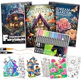 3Pcs Spiral Adult Coloring Book for Women Relaxation with 36 Colors Markers | Coloring Books for Adult with Markers, 36 Dual Tip Colors Markers, Anxiety Relief Mindfulness Gifts Cottage & Garden & House