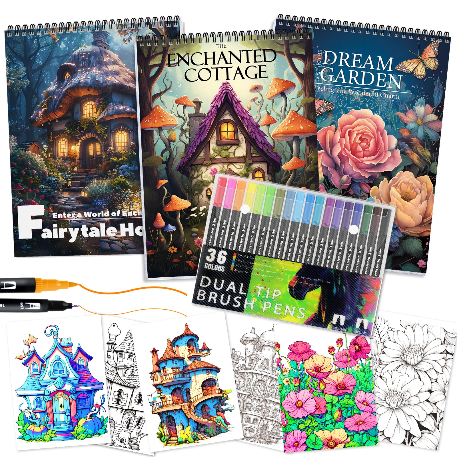 Photo 1 of 3Pcs Adult Coloring Book for Women Relaxation, 36 Colors Markers with Spiral Bound Adult Coloring Book for Women, 36 Dual Tip Colors Markers, Anxiety Relief Mindfulness Gifts(Cottage & Garden & House)